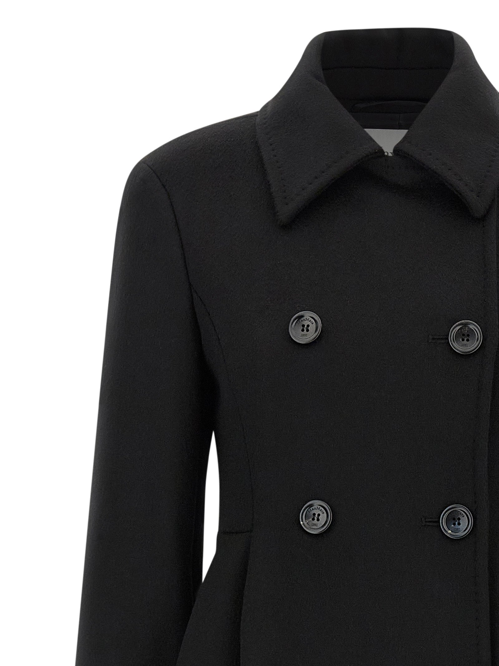 Experience the allure of the Max Mara Black Wool Coat, a masterpiece in 100% camel wool, embodying timeless elegance and exquisite Italian craftsmanship for the discerning individual.