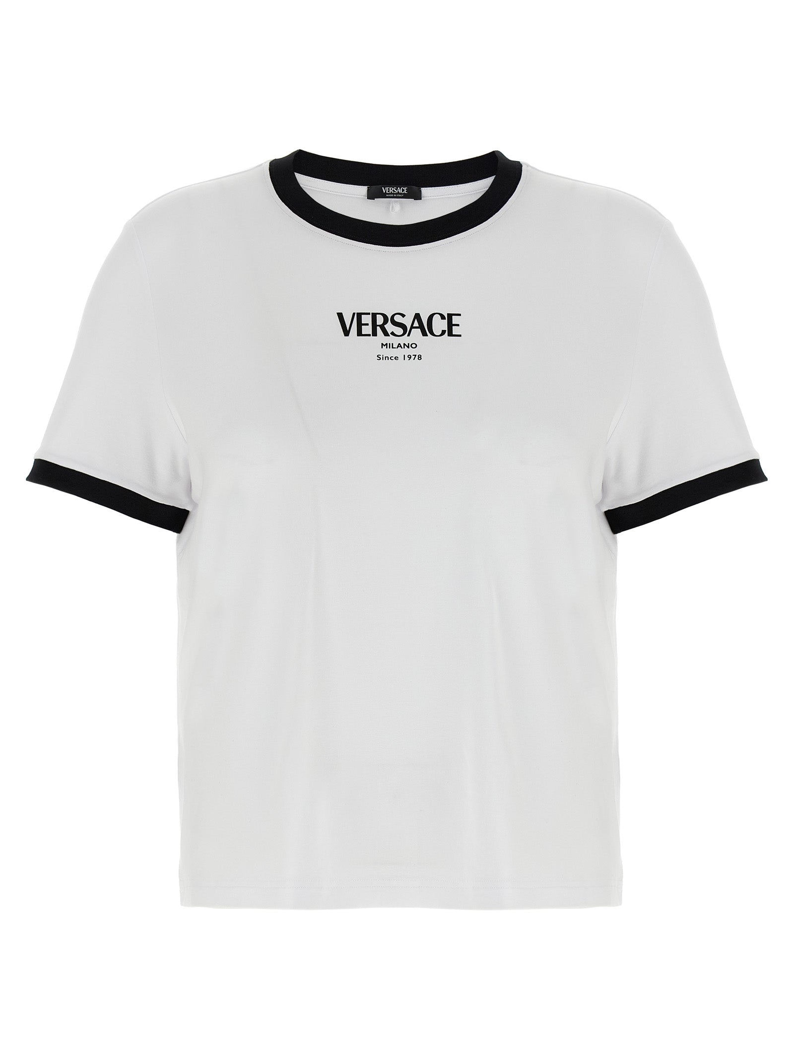 Elevate your style with the Versace Bicolor Viscose T-Shirt, crafted in Italy from a luxurious blend of viscose and elastane, embodying modern elegance and timeless allure.