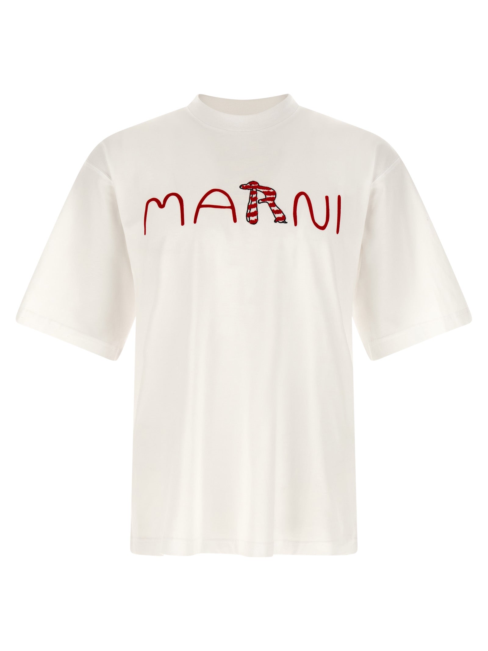 Elevate your wardrobe with the Marni White Cotton T-Shirt, a luxurious blend of comfort and style, featuring exquisite craftsmanship and an iconic velvet logo.