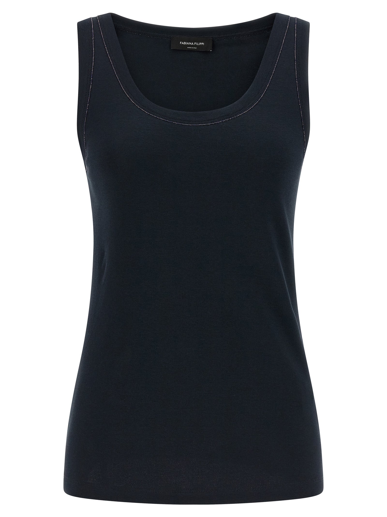 Experience the exquisite allure of Fabiana Filippi's Blue Cotton Sleeveless T-Shirt, a luxurious blend of comfort and sophistication, perfect for the discerning wardrobe.
