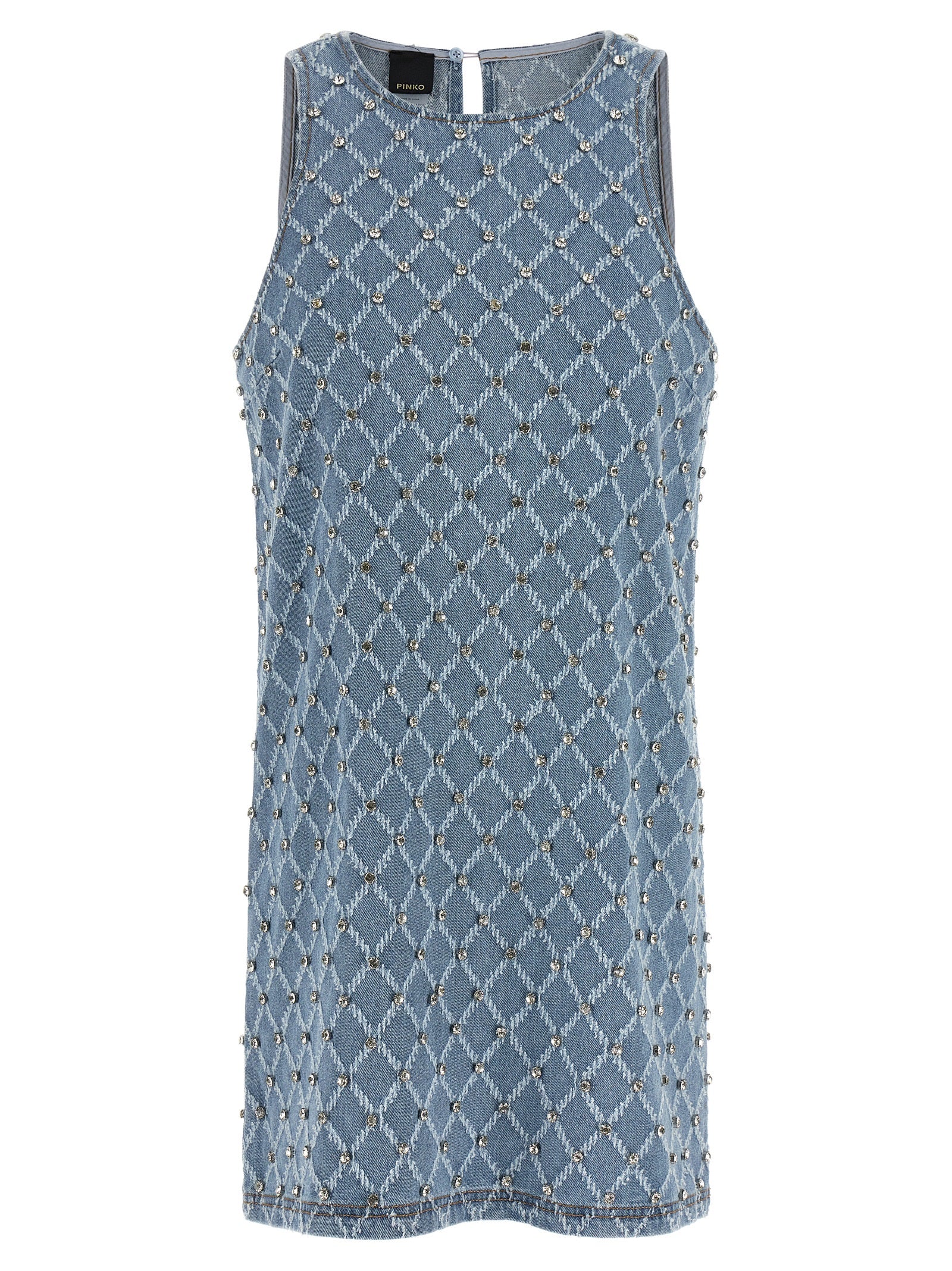 Discover the PINKO Blue Cotton Short Dress, a masterpiece of haute couture elegance, featuring exquisite crystal embellishments and luxurious cotton for timeless allure.
