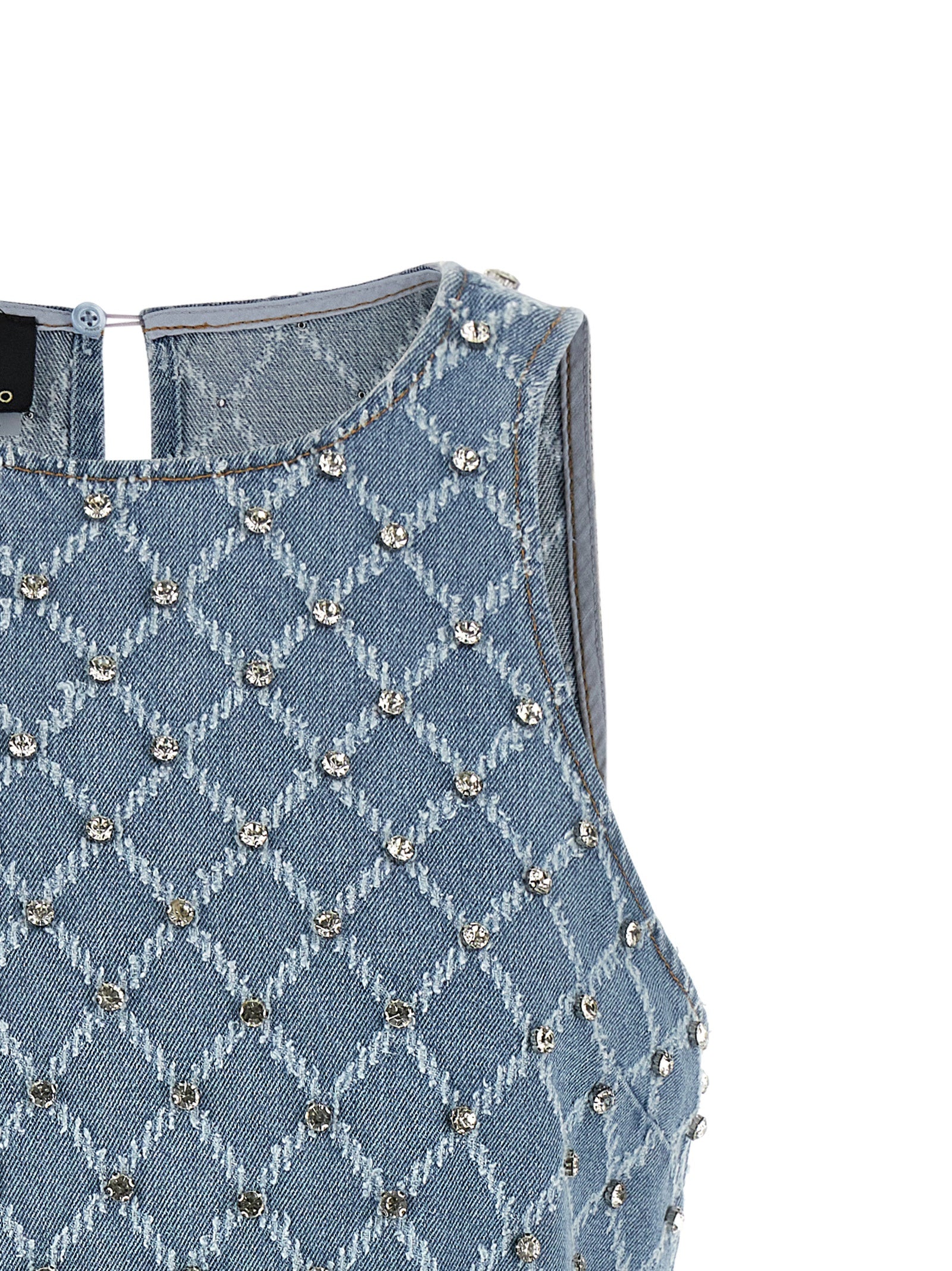 Discover the PINKO Blue Cotton Short Dress, a masterpiece of haute couture elegance, crafted from luxurious cotton and adorned with shimmering crystals for timeless allure.