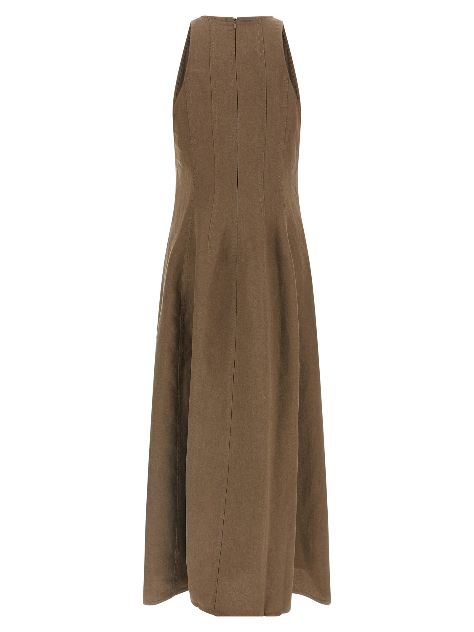 Brunello Cucinelli Brown Viscose Midi Dress, Designer Couture Elegance