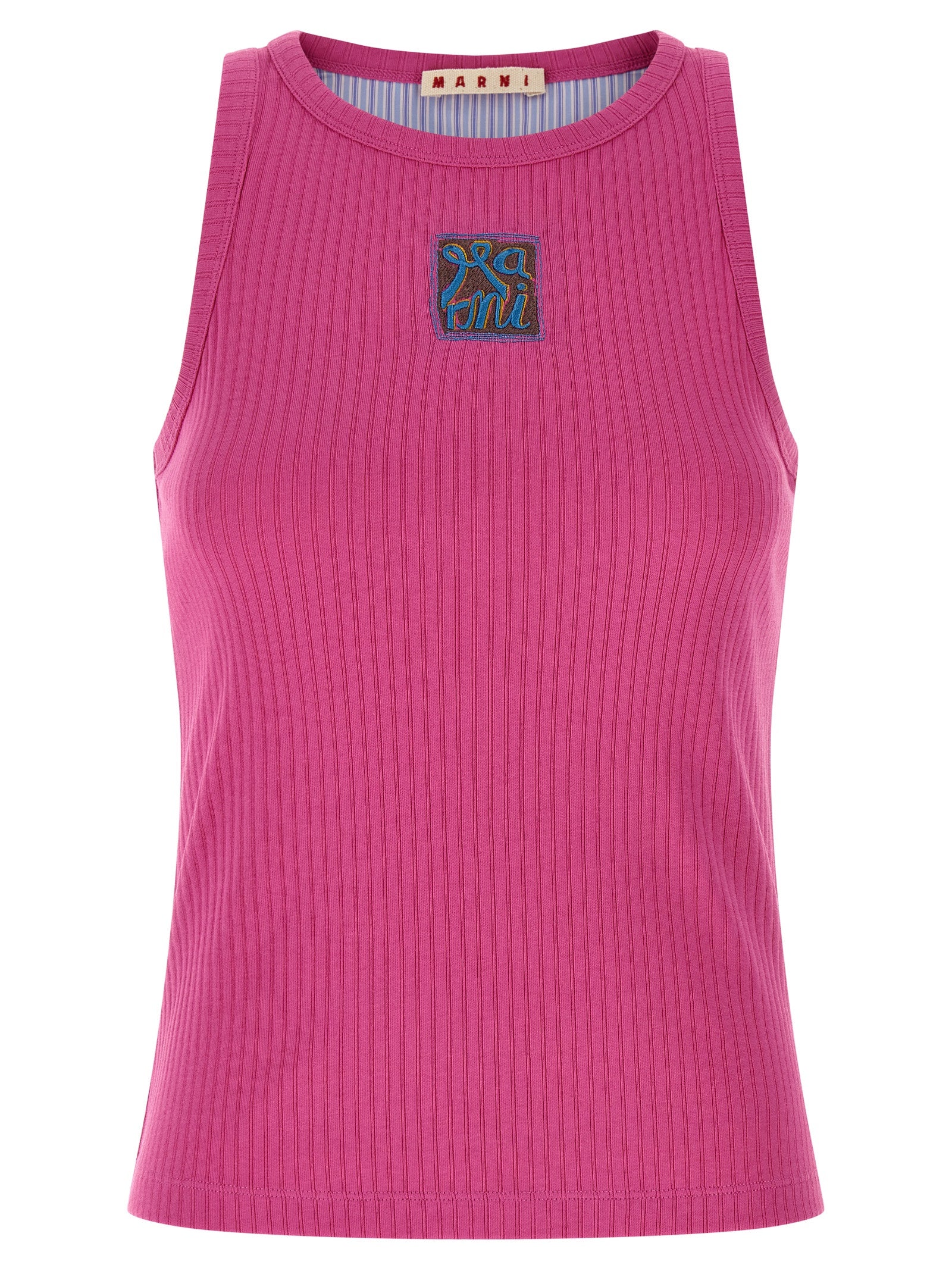 Elevate your style with the Marni Fuchsia Cotton Sleeveless T-Shirt, a luxurious piece crafted in Italy, embodying exquisite craftsmanship and vibrant elegance.
