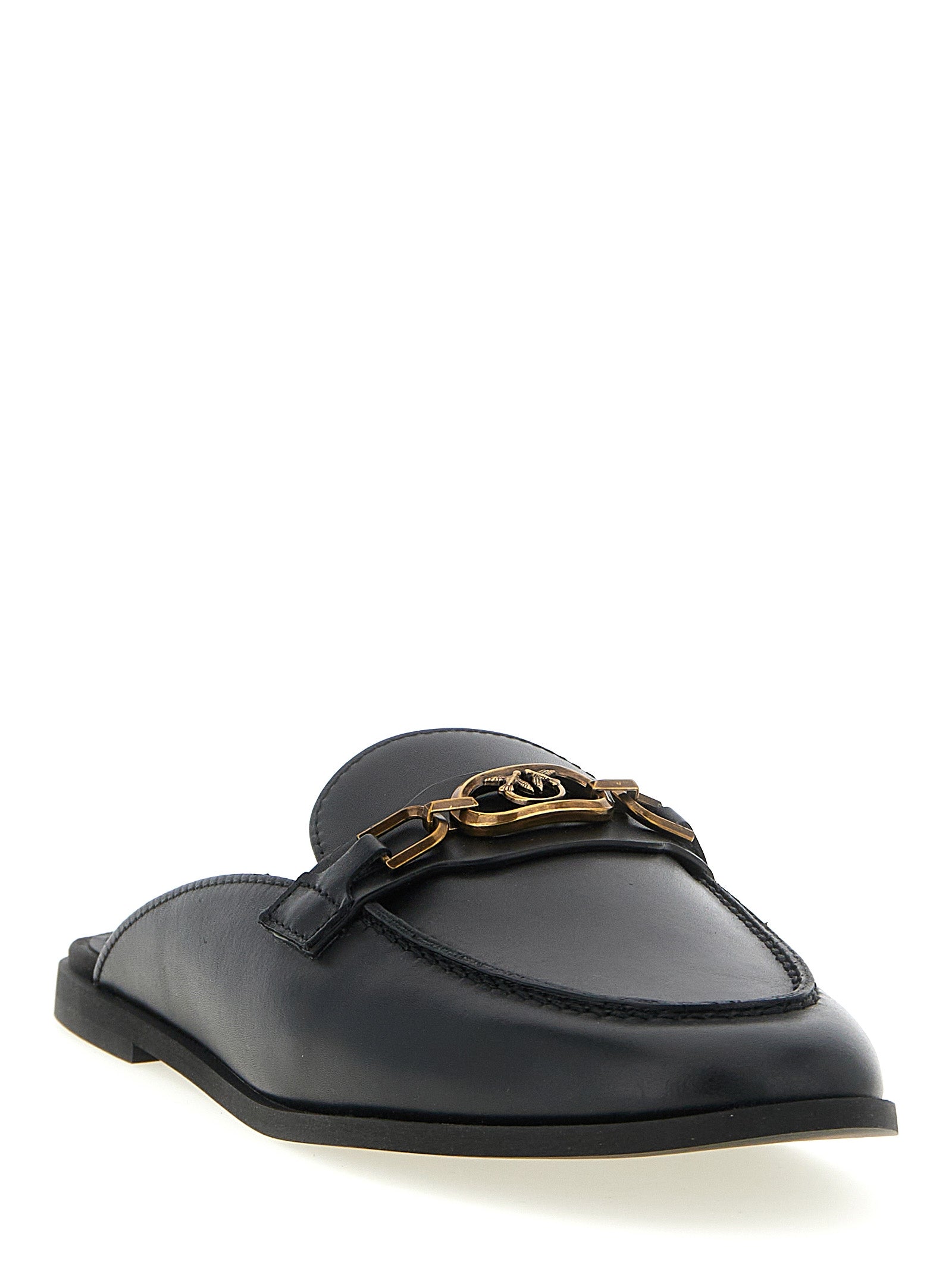 Indulge in the exquisite PINKO Black Calfskin Slides, where sumptuous leather meets artisanal craftsmanship, embodying elegance and sophistication for the discerning individual.