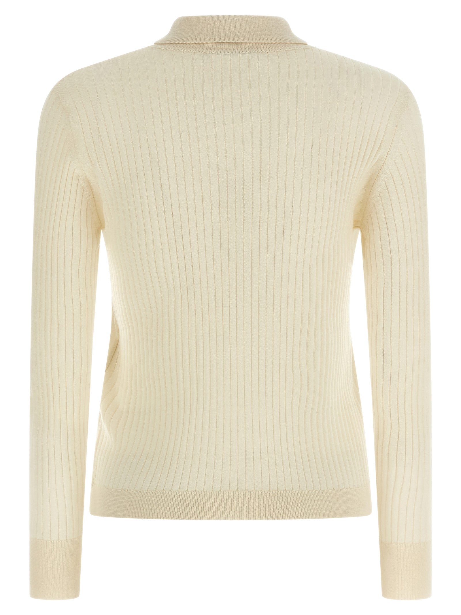 Indulge in the Max Mara White Cashmere Polo Shirt, a luxurious blend of cashmere and silk, embodying timeless elegance and sophisticated allure for the discerning wardrobe.