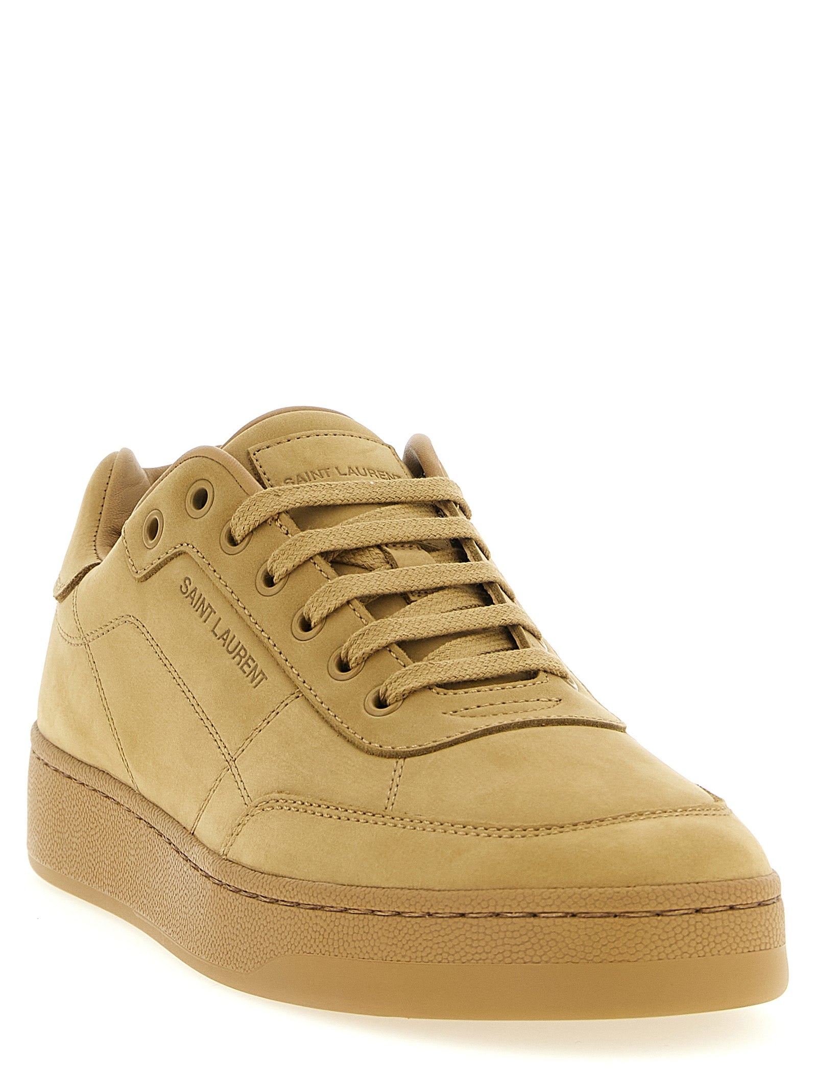 Indulge in the sophistication of Saint Laurent's Beige Calfskin Sneakers, where Italian craftsmanship meets urban elegance, perfect for the discerning connoisseur.