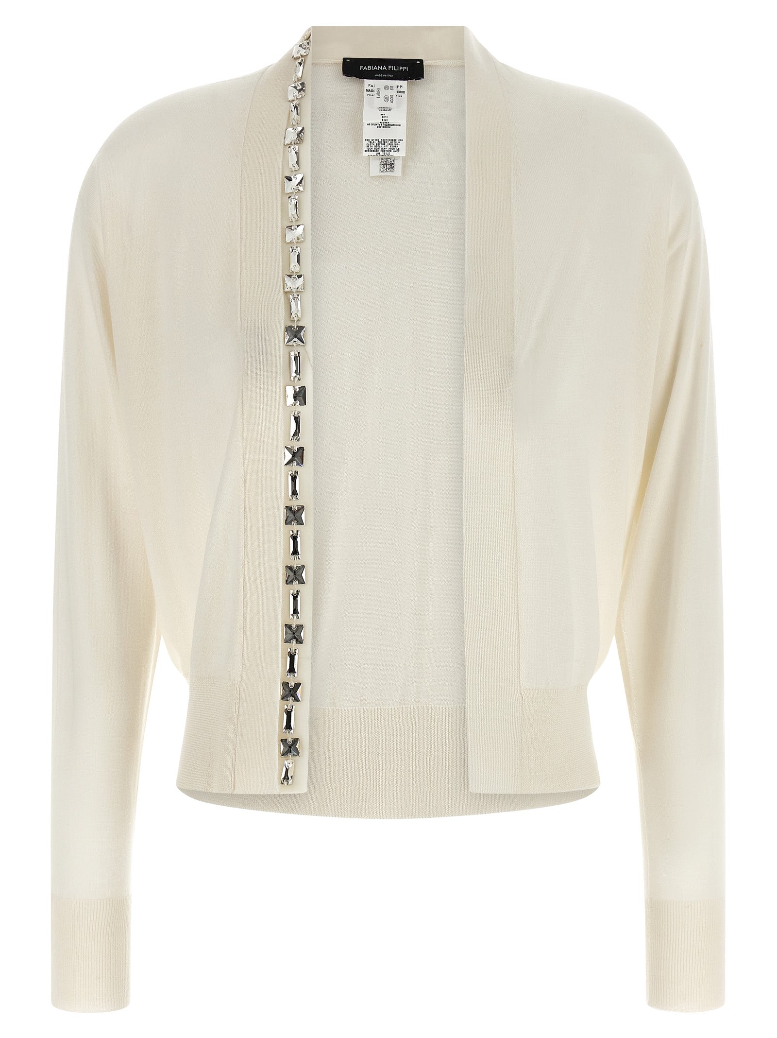 Experience the allure of the Fabiana Filippi White Cashmere Cardigan, a luxurious blend of cashmere and silk, embodying timeless elegance for the discerning wardrobe.