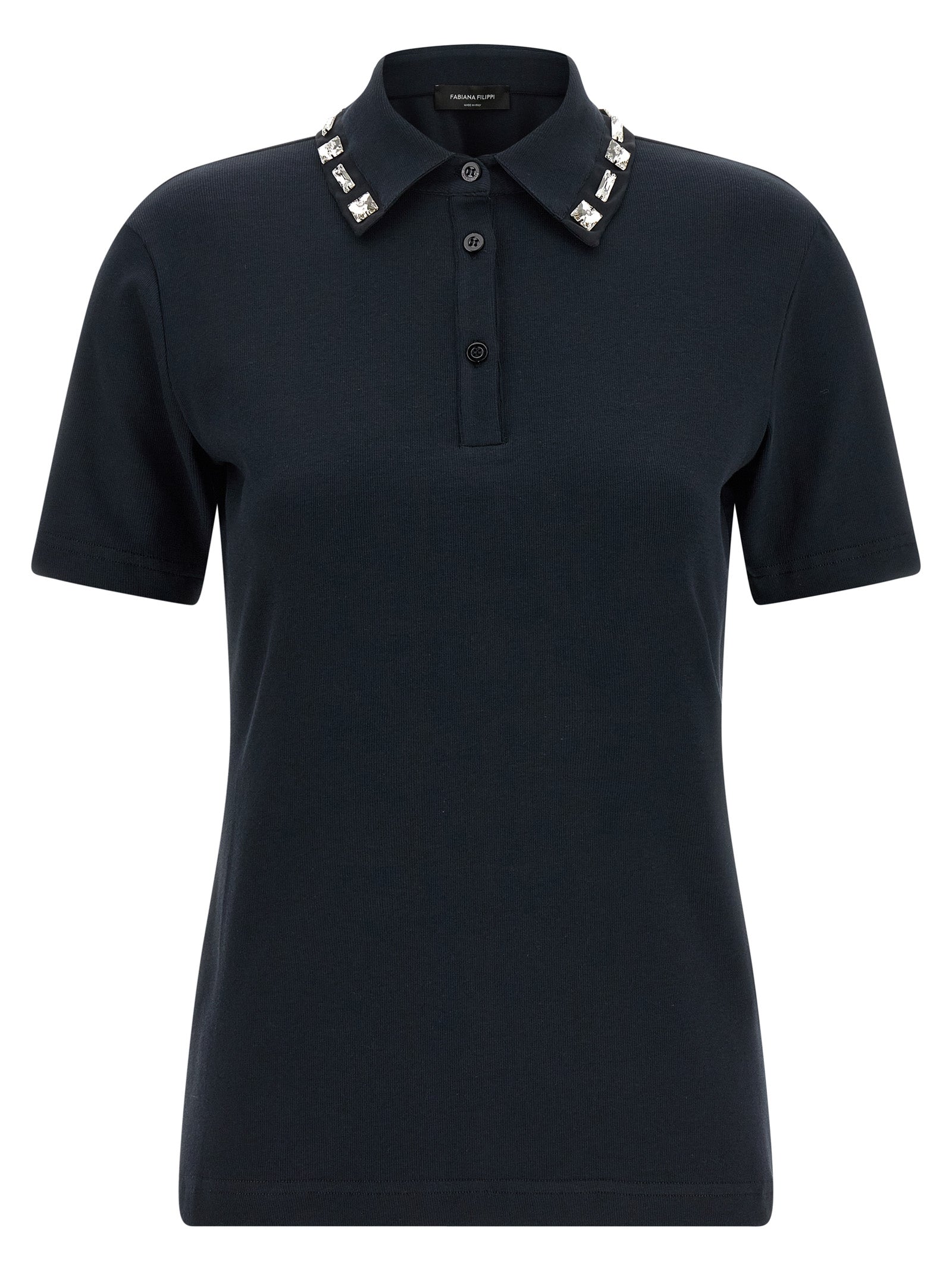 Discover the Fabiana Filippi Blue Cotton Polo Shirt, where exquisite craftsmanship meets modern elegance, adorned with shimmering crystals for a touch of opulence.