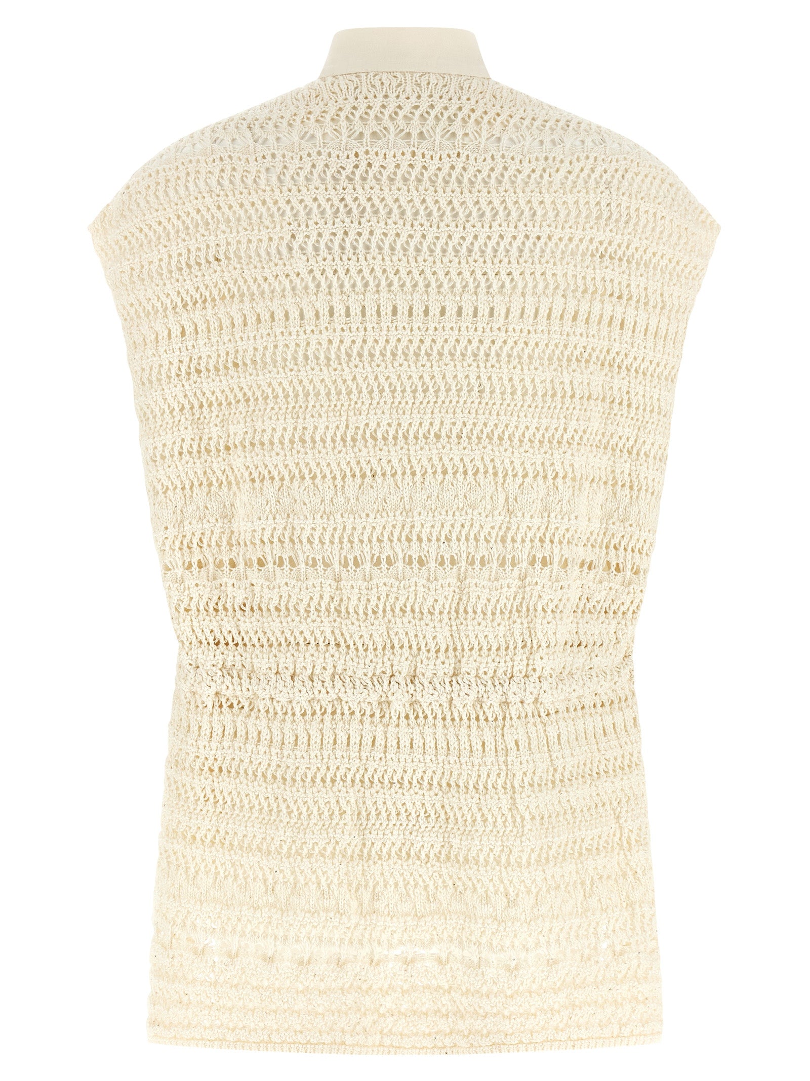 Elevate your style with the Fabiana Filippi Beige Cotton Sleeveless Jacket, a luxurious blend of sophistication and artistry, perfect for the discerning individual.
