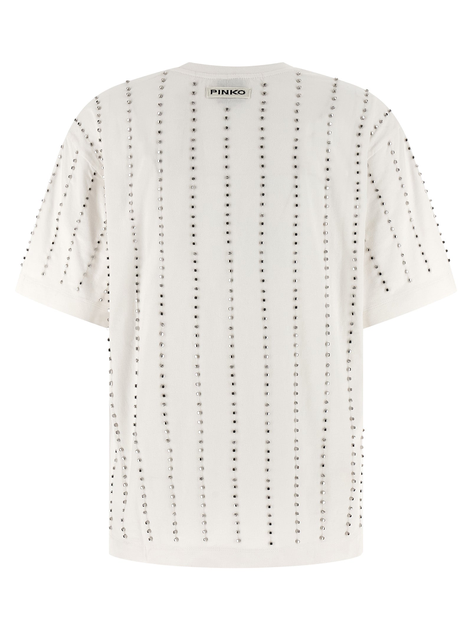 Elevate your style with PINKO's exquisite Wilma T-shirt, crafted from luxurious cotton and adorned with sparkling crystals, embodying effortless chic sophistication.