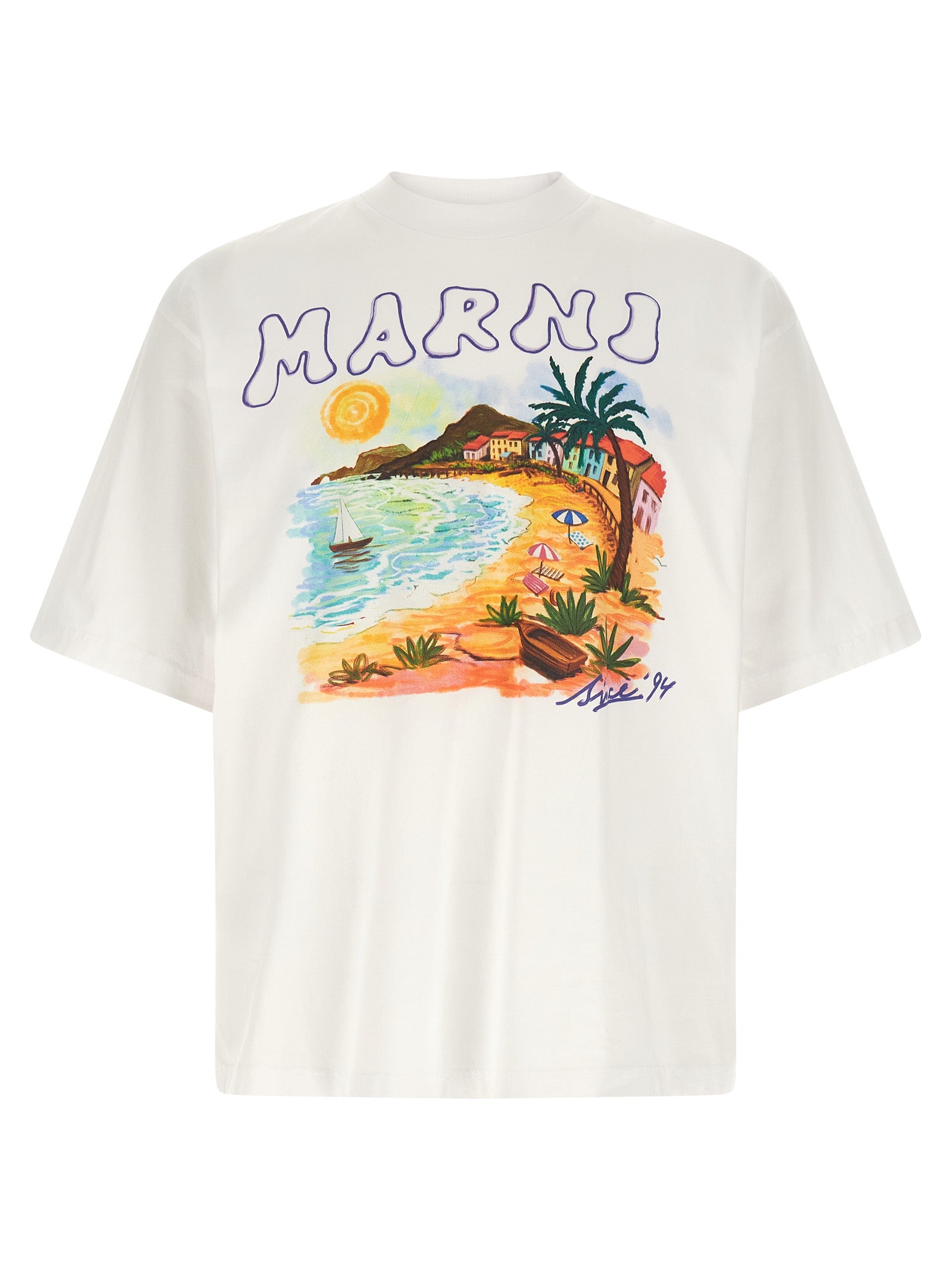 Elevate your style with the Marni White Cotton T-Shirt, a luxurious blend of comfort and artistry, featuring the iconic 'Marni Beach since '94' print for timeless allure.