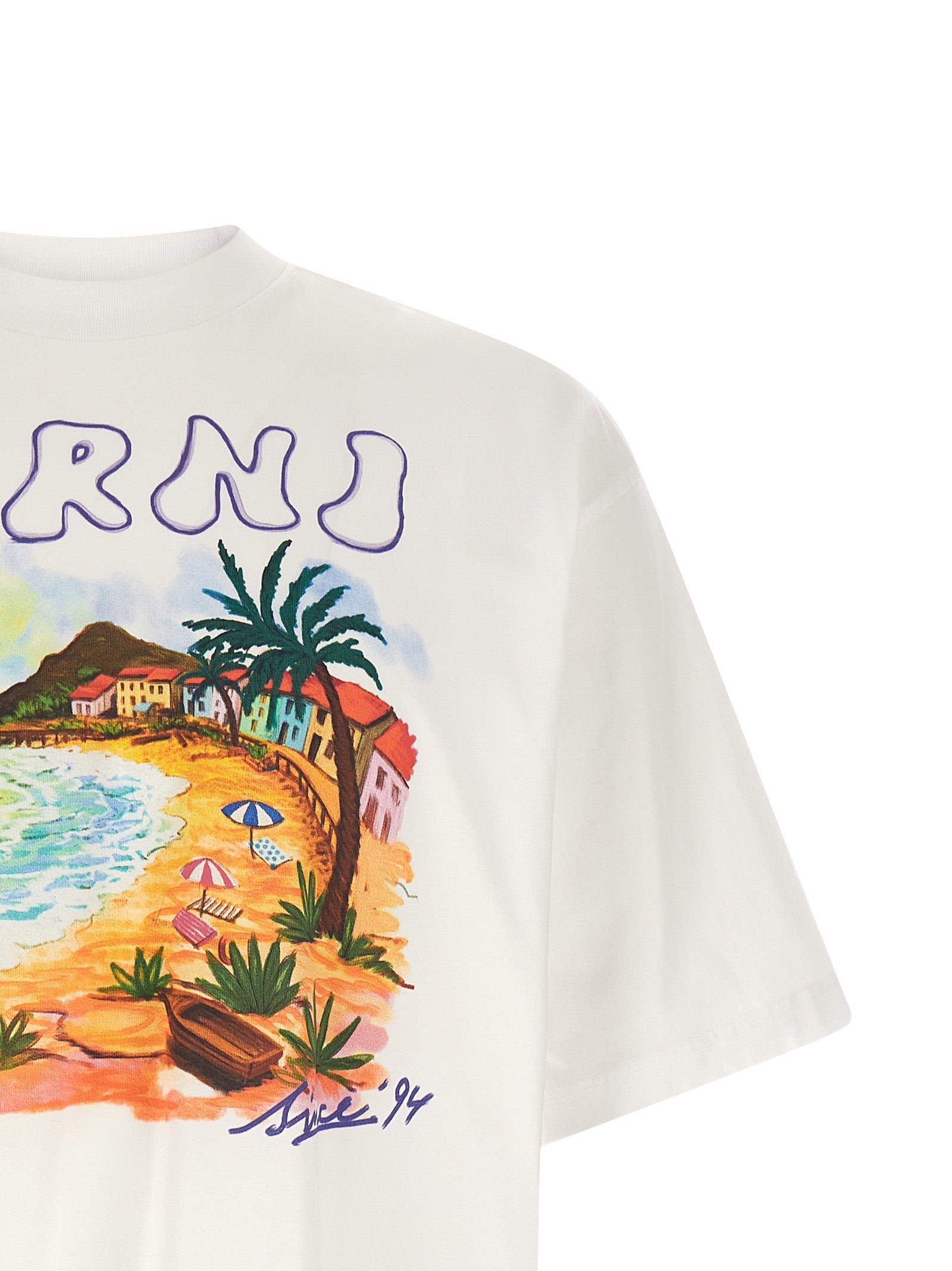 Elevate your wardrobe with the Marni White Cotton T-Shirt, a luxurious blend of comfort and style, featuring an iconic beach print that embodies timeless elegance.