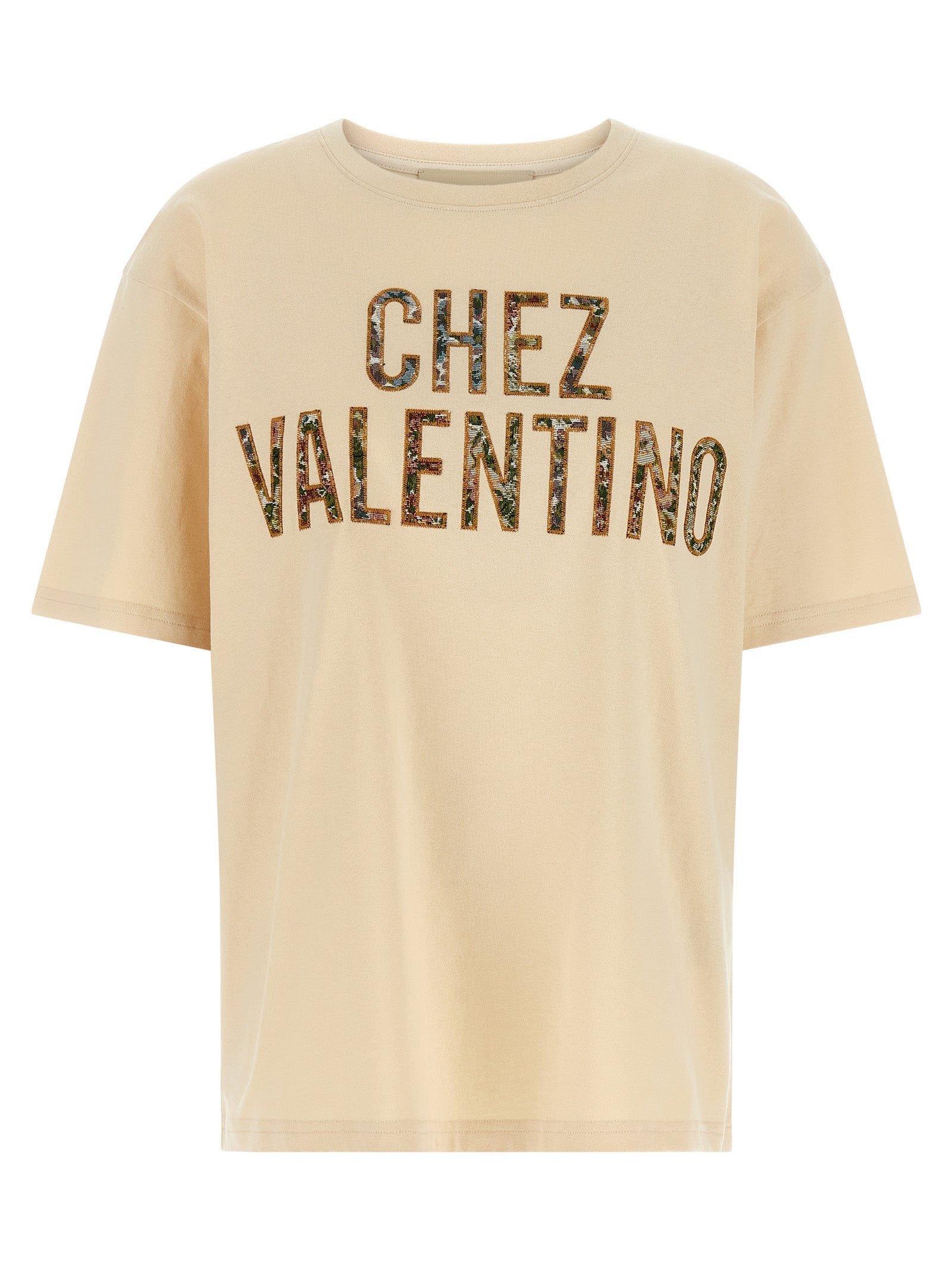 Indulge in the exquisite Valentino Garavani Beige Cotton T-Shirt, a masterpiece of artisanal elegance, crafted from premium cotton and adorned with intricate embroidery for timeless sophistication.