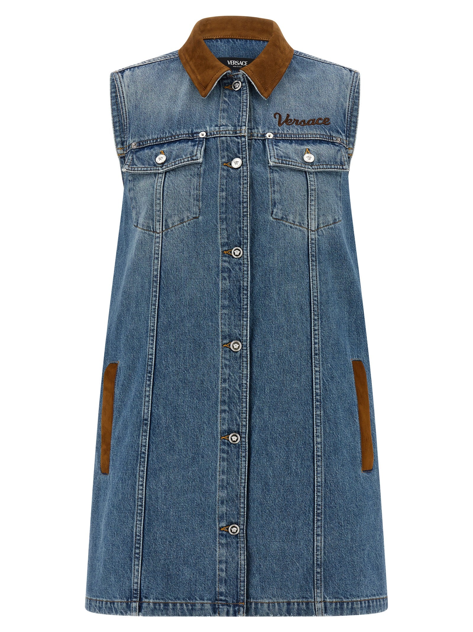 Elevate your style with the Versace Blue Cotton Short Dress, a luxurious A-line silhouette crafted from premium denim, embodying timeless elegance and modern allure.