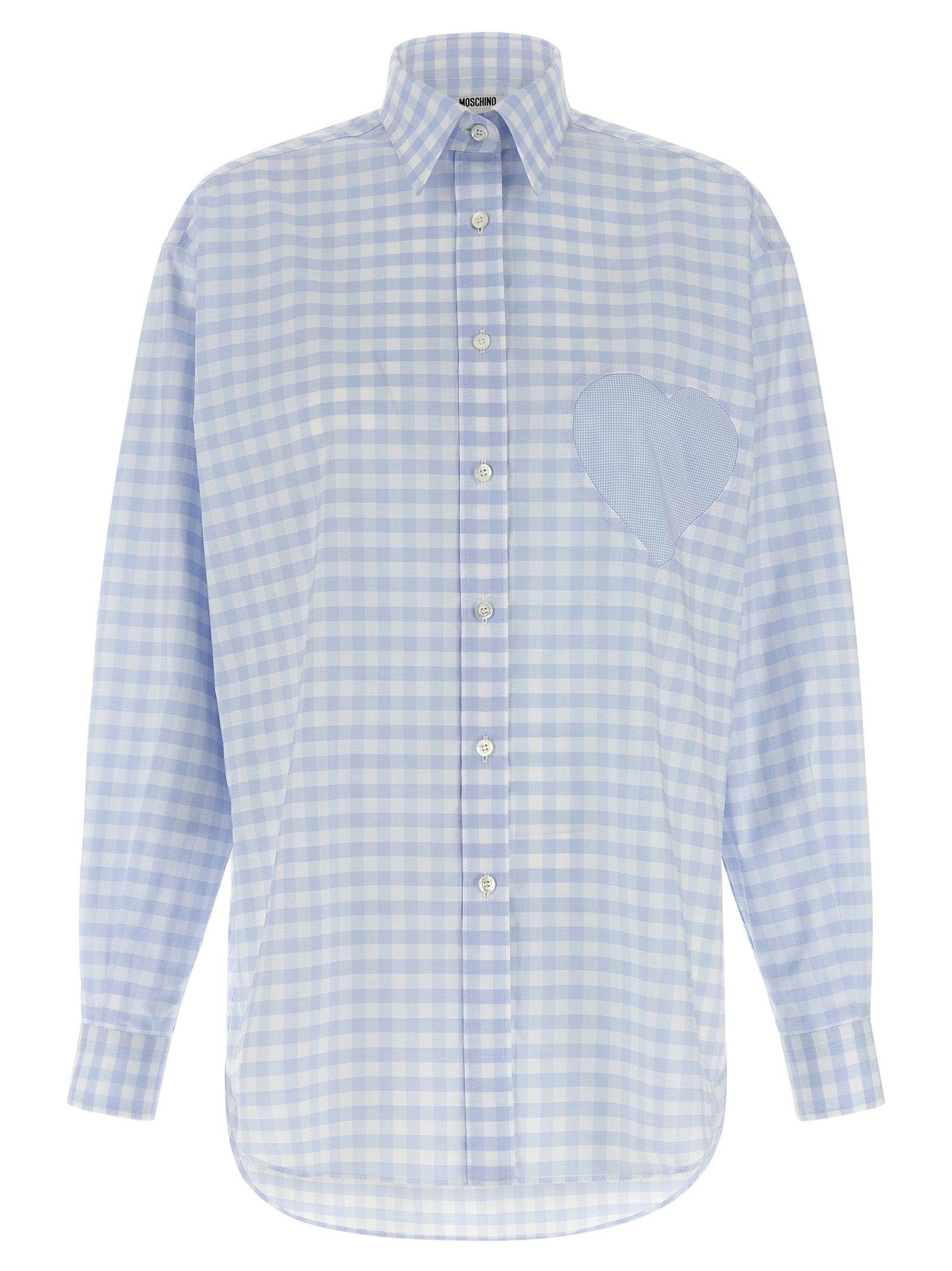 Experience the allure of Moschino's Blue Cotton Blouse, a masterpiece of Italian craftsmanship, featuring a micro vichy pattern and heart patch for timeless elegance.