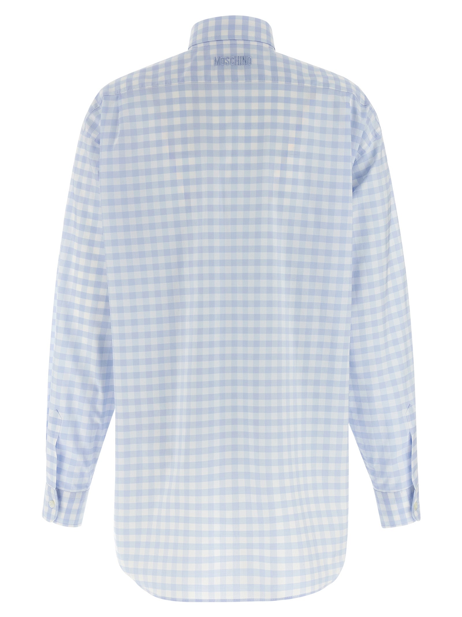Indulge in the Moschino Blue Cotton Blouse, a masterpiece of Italian craftsmanship, featuring a micro vichy pattern and heart patch for timeless elegance and allure.