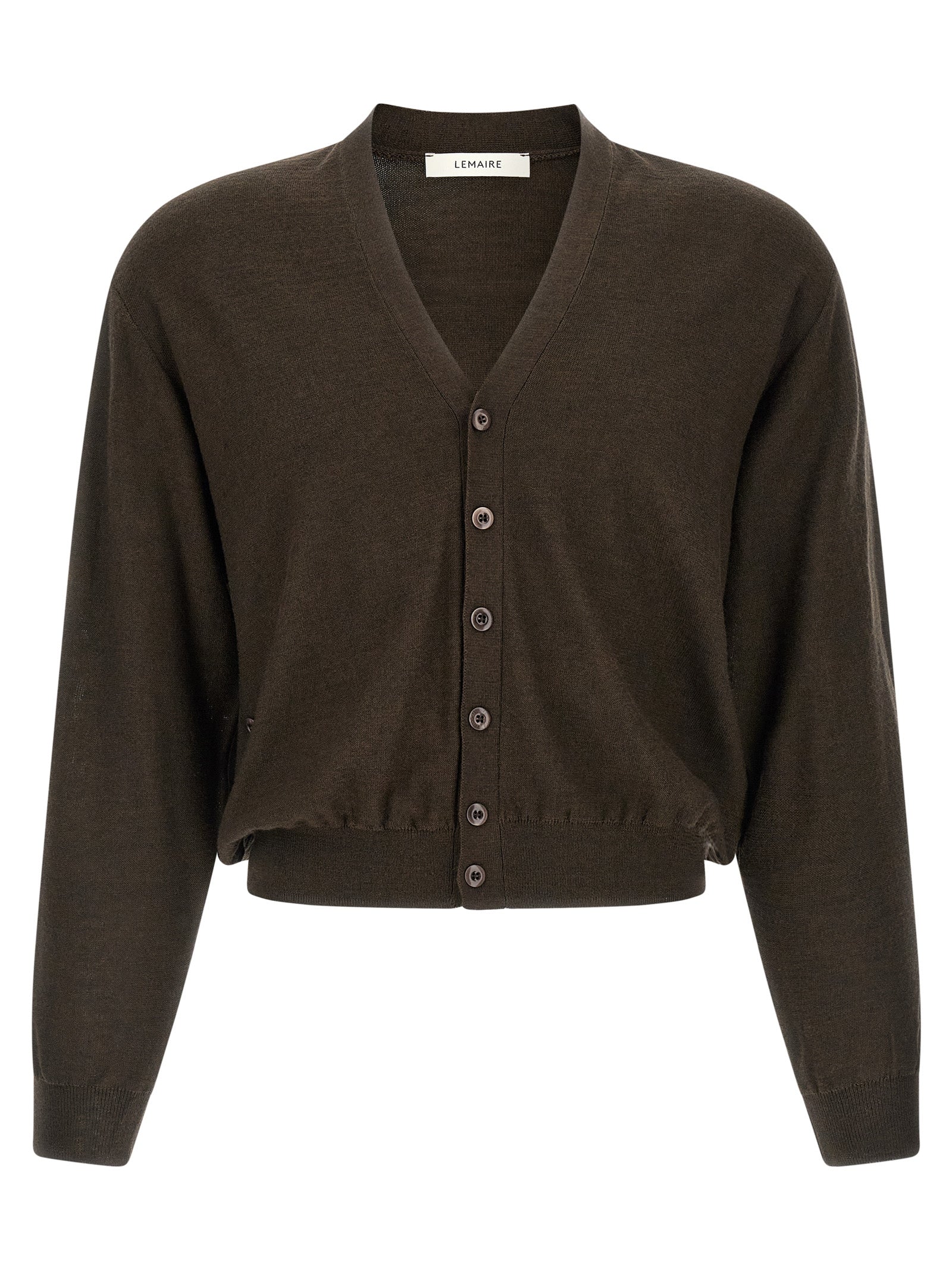 Elevate your wardrobe with the Lemaire Brown Marabou Cardigan, a luxurious blend of wool and acrylic, embodying avant-garde elegance and timeless sophistication.