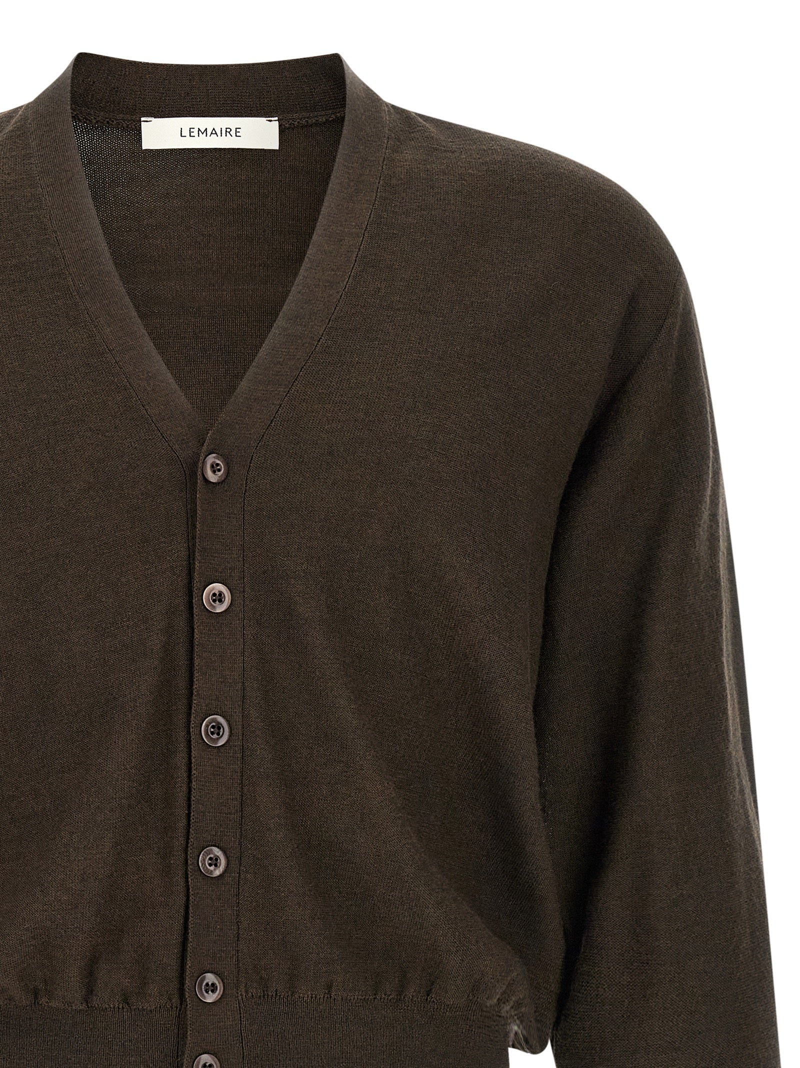 Elevate your wardrobe with the Lemaire Brown Marabou Cardigan, a luxurious blend of acrylic and wool, embodying avant-garde elegance for the discerning individual.
