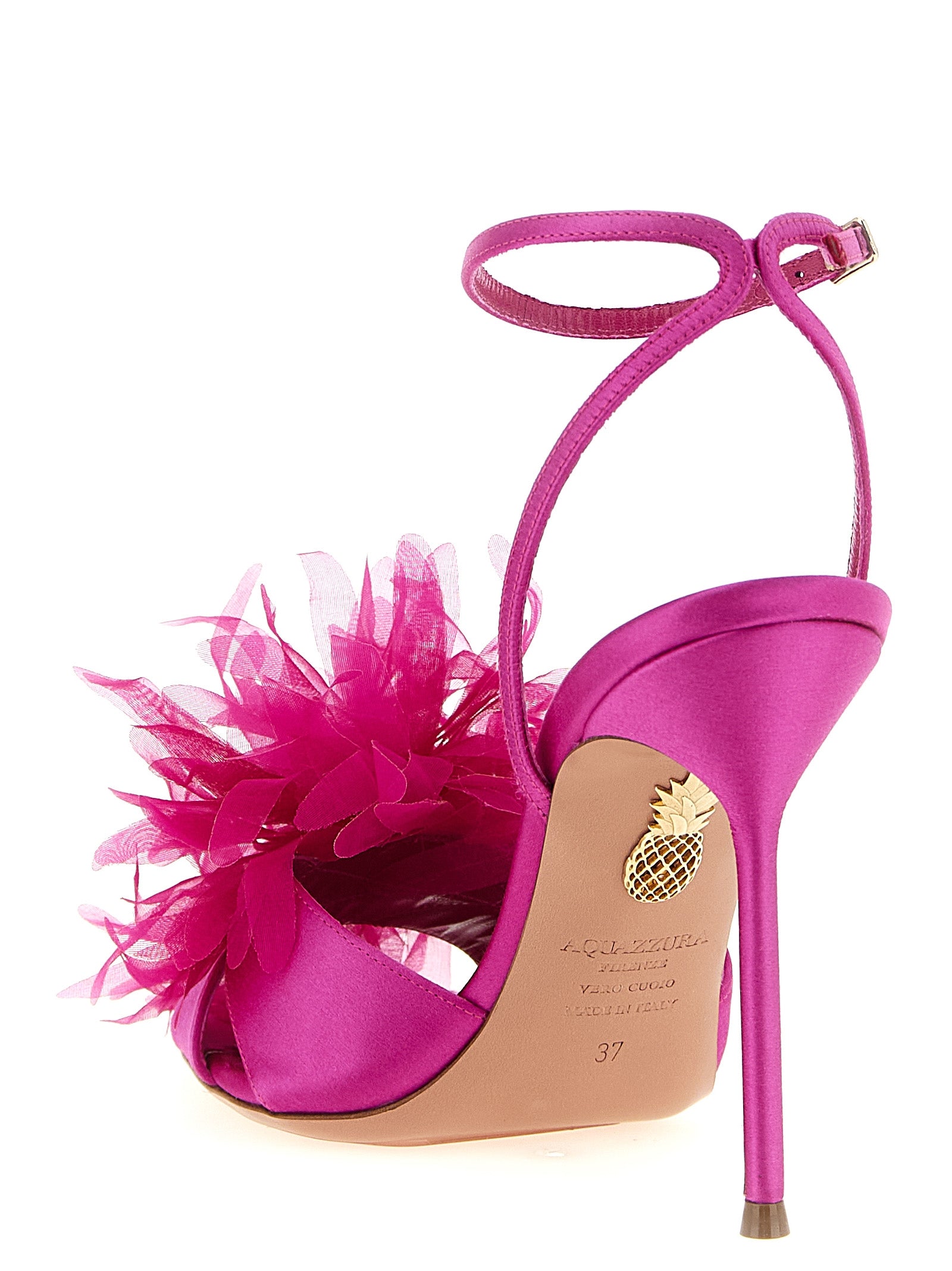 Indulge in the exquisite craftsmanship of Aquazzura's Fuchsia Textile Stiletto Heel Sandals, where luxurious materials meet bold elegance for unforgettable moments.