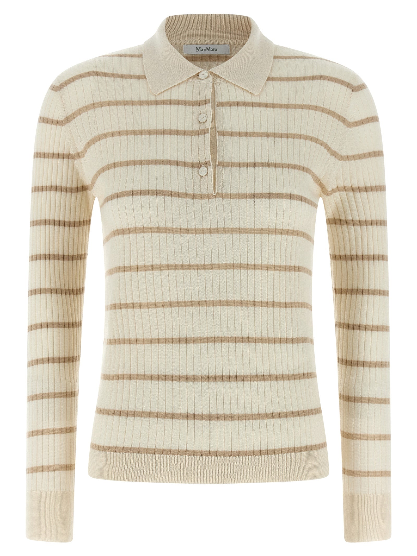 Indulge in the exquisite Max Mara Beige Cashmere Polo Shirt, a luxurious blend of cashmere and silk, epitomizing timeless elegance and artisanal craftsmanship.