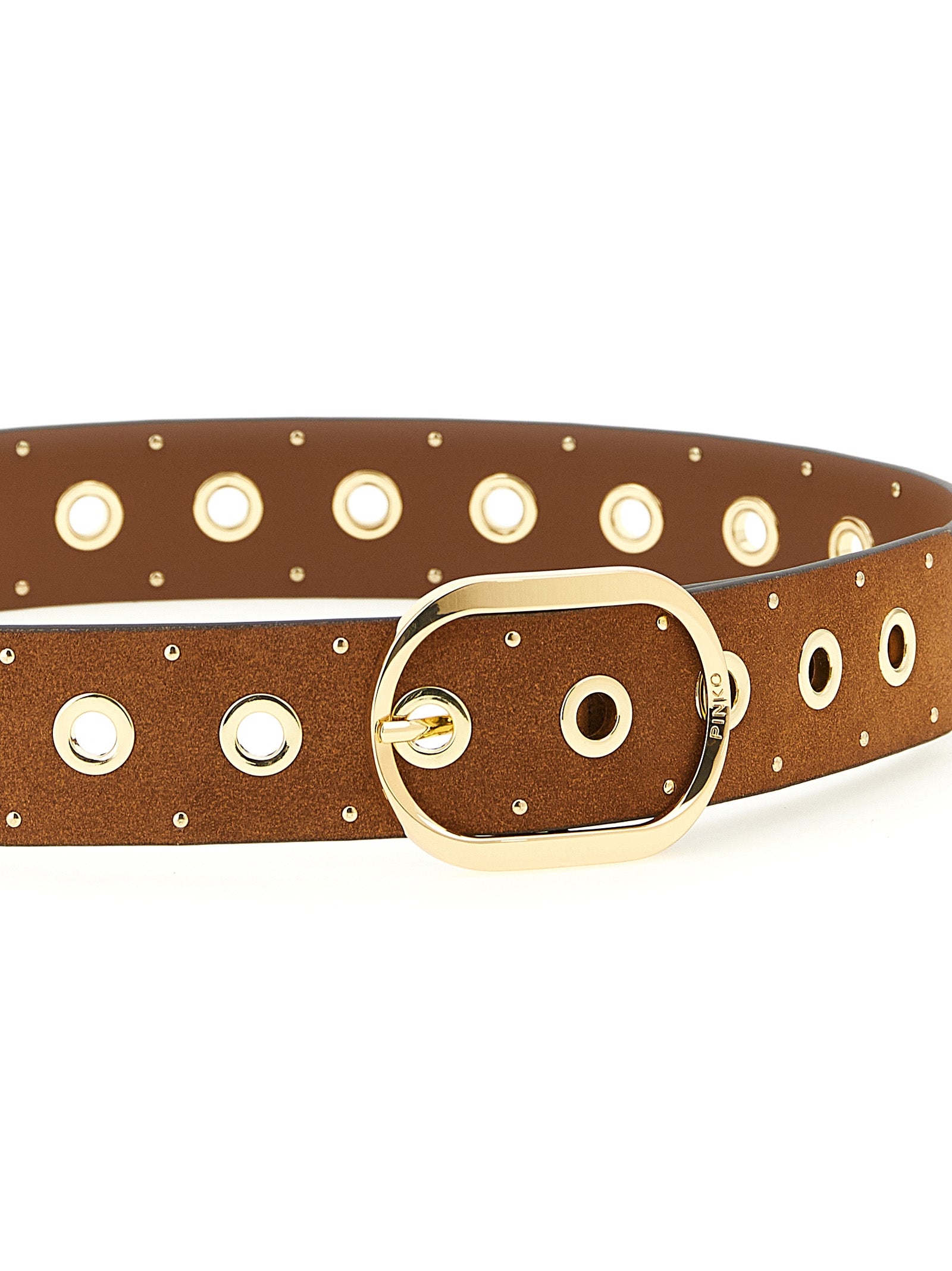 Discover the PINKO Brown Lamb Leather Regular Belt, a luxurious accessory adorned with intricate micro metal studs, perfect for elevating any ensemble with artisanal elegance.