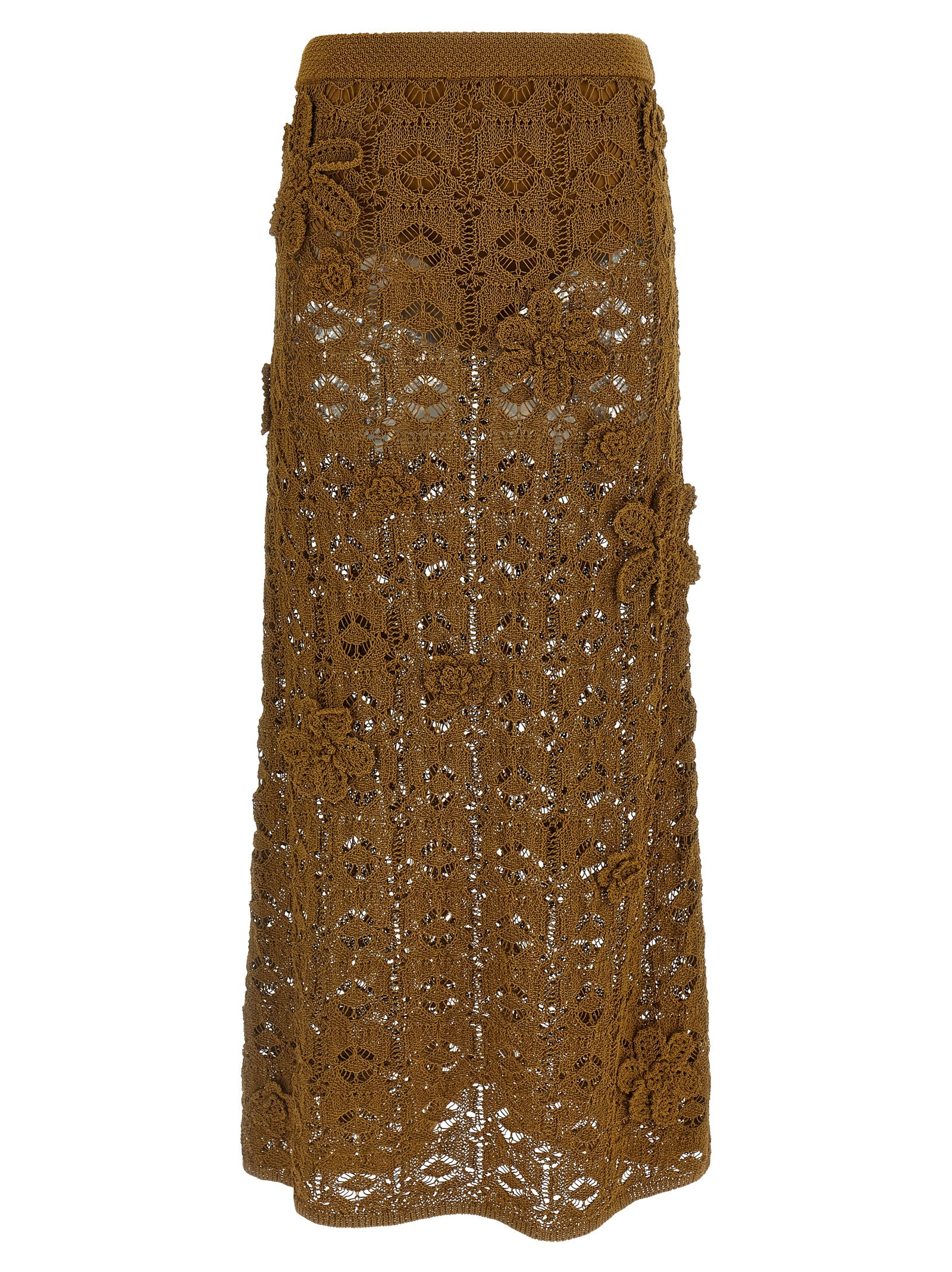 Elevate your elegance with the PINKO Anthemis Brown Cotton Midi Skirt, a masterpiece of artisanal craftsmanship adorned with exquisite 3D floral appliqués.