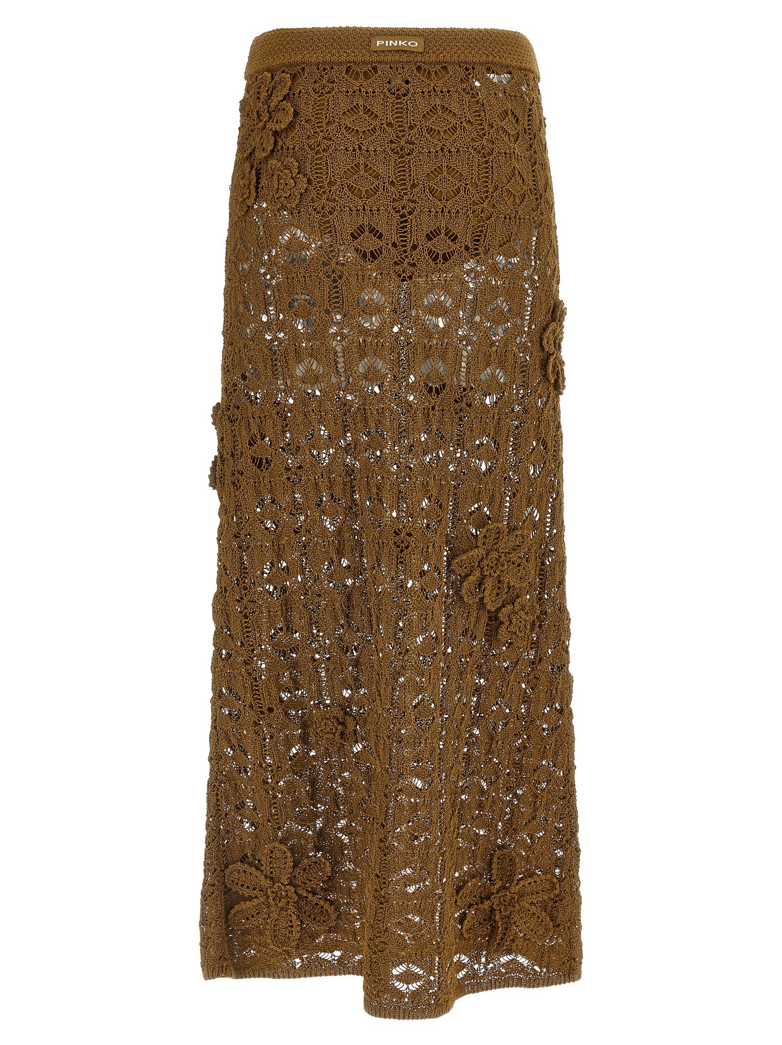 Experience the artistry of PINKO's Anthemis Brown Cotton Midi Skirt, where luxurious crochet and exquisite floral appliqués redefine elegance for the discerning fashionista.