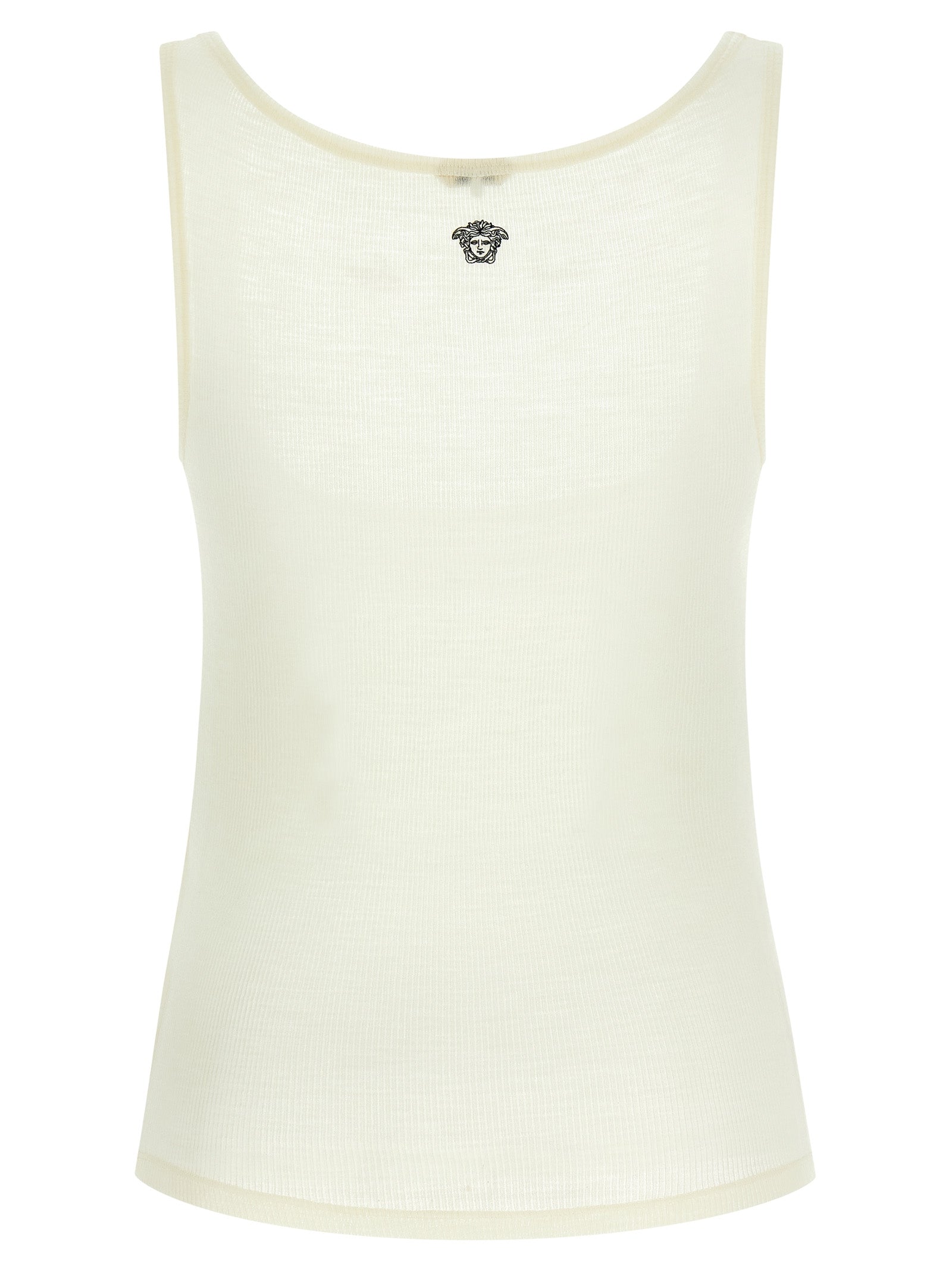 Elevate your wardrobe with the Versace White Virgin Wool Sleeveless T-Shirt, a luxurious blend of exquisite craftsmanship and minimalist design, perfect for the discerning style connoisseur.