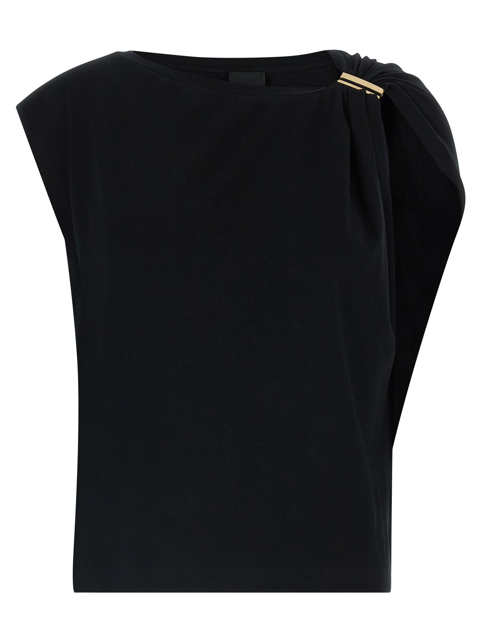 Experience the allure of PINKO's ‘Melody’ Black Cotton Tank Top, crafted from a luxurious cotton blend, adorned with gold accents for timeless elegance.