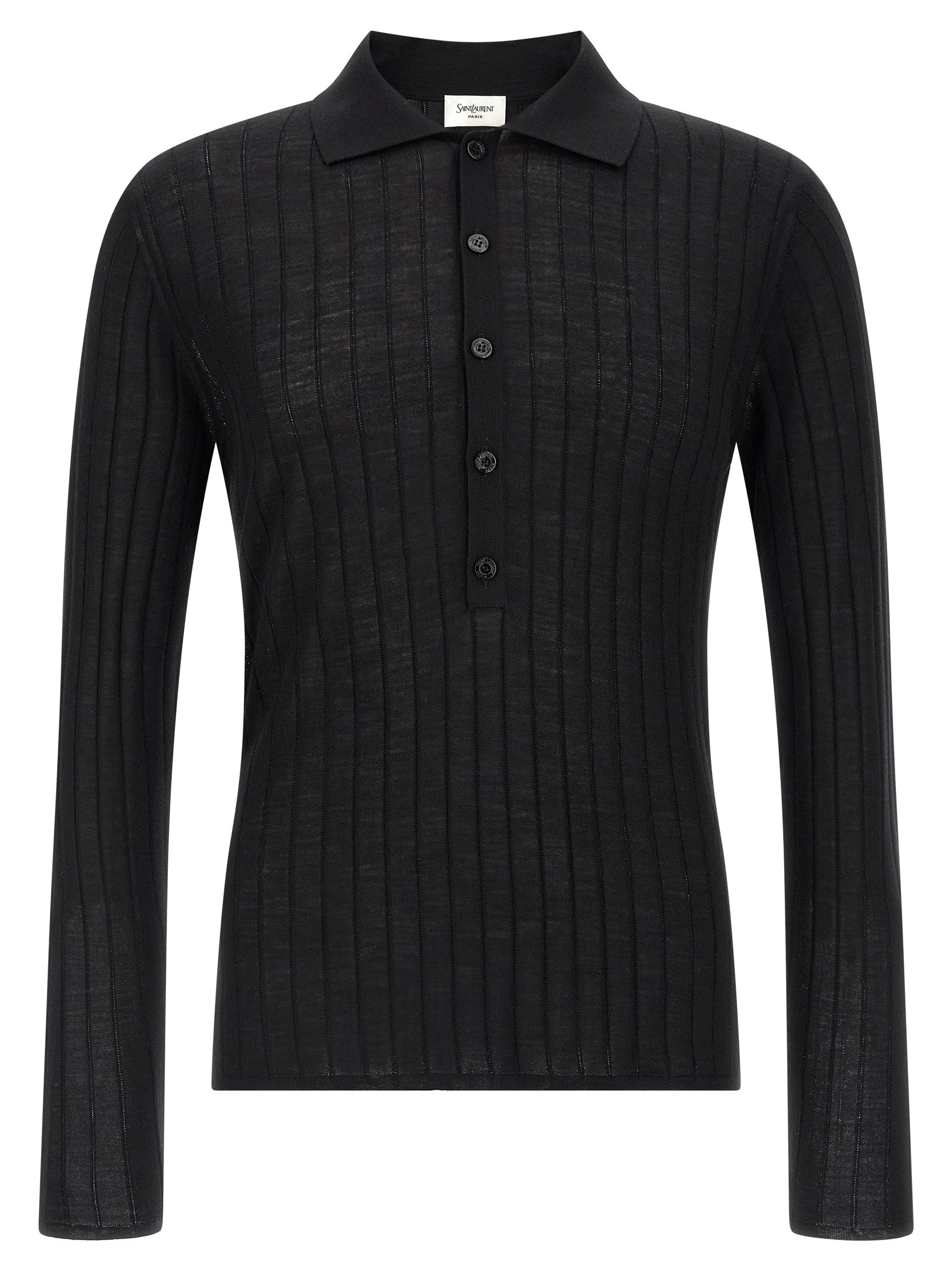 Discover the Saint Laurent Black Wool Polo Shirt, a luxurious blend of sophistication and avant-garde design, embodying artisanal elegance for the discerning individual.