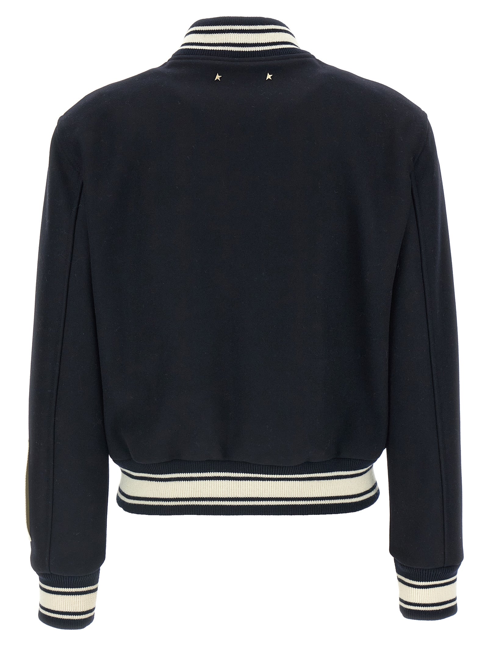 Elevate your wardrobe with the Golden Goose Blue Virgin Wool Bomber, a luxurious blend of 72% virgin wool and 28% polyamide, embodying timeless elegance and sophistication.