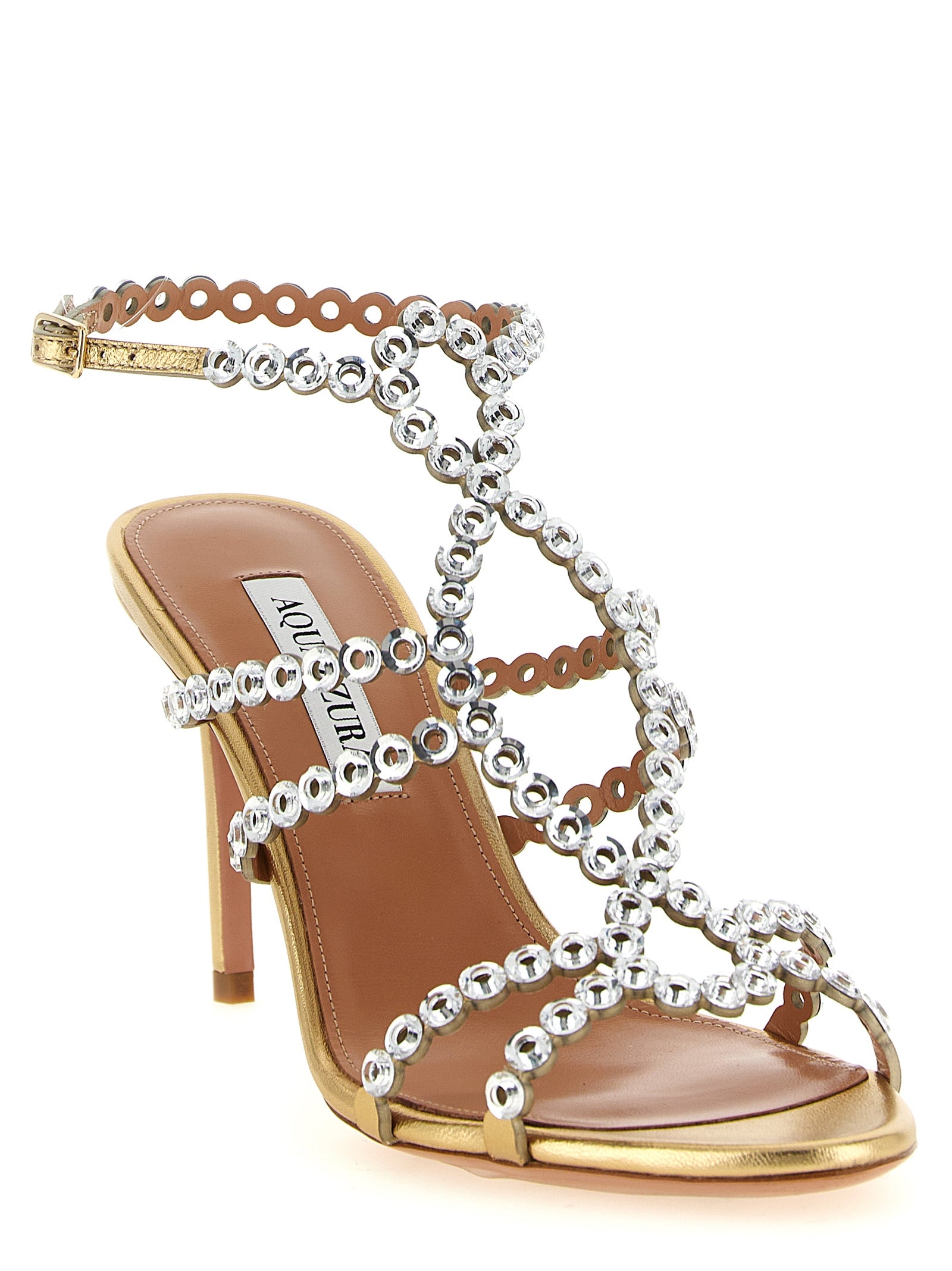 Step into opulence with Aquazzura Gold Lamb Leather Stiletto Heel Sandals, where artisanal craftsmanship meets timeless elegance, perfect for the discerning connoisseur.