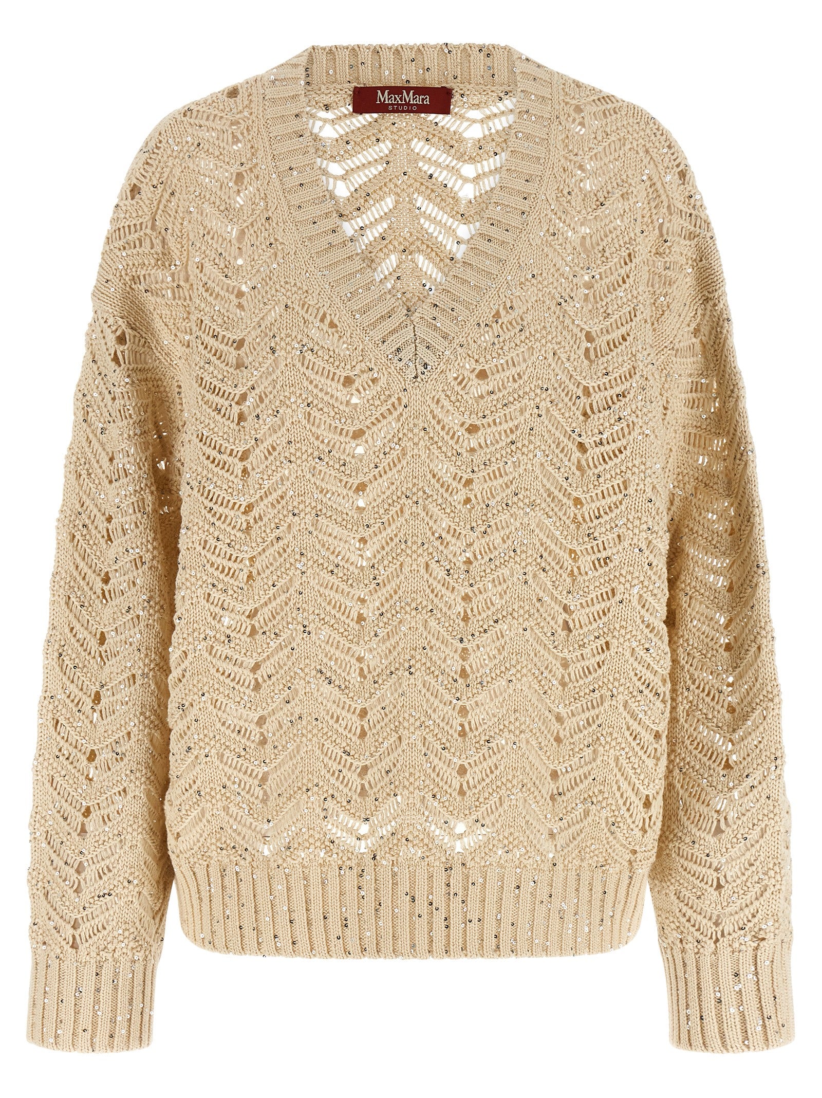 Elevate your elegance with the Max Mara Beige Cotton Cardigan, a luxurious blend of comfort and glamour, featuring exquisite Chevron stitching and micro sequins.