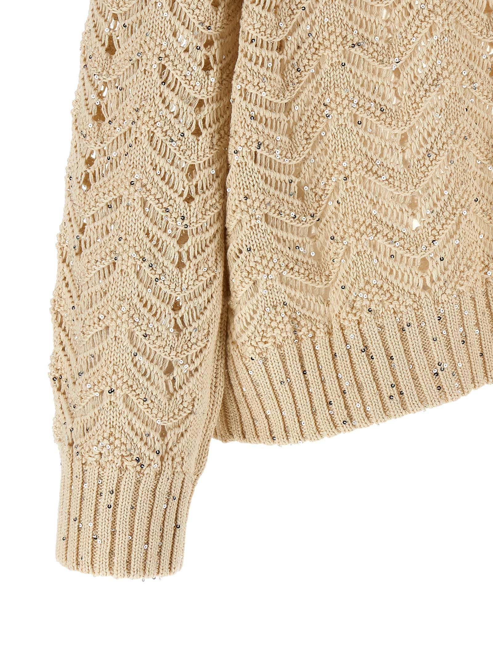 Elevate your style with the Max Mara Beige Cotton Cardigan from the MstFelino collection, featuring exquisite Chevron stitching and micro sequins for timeless elegance.