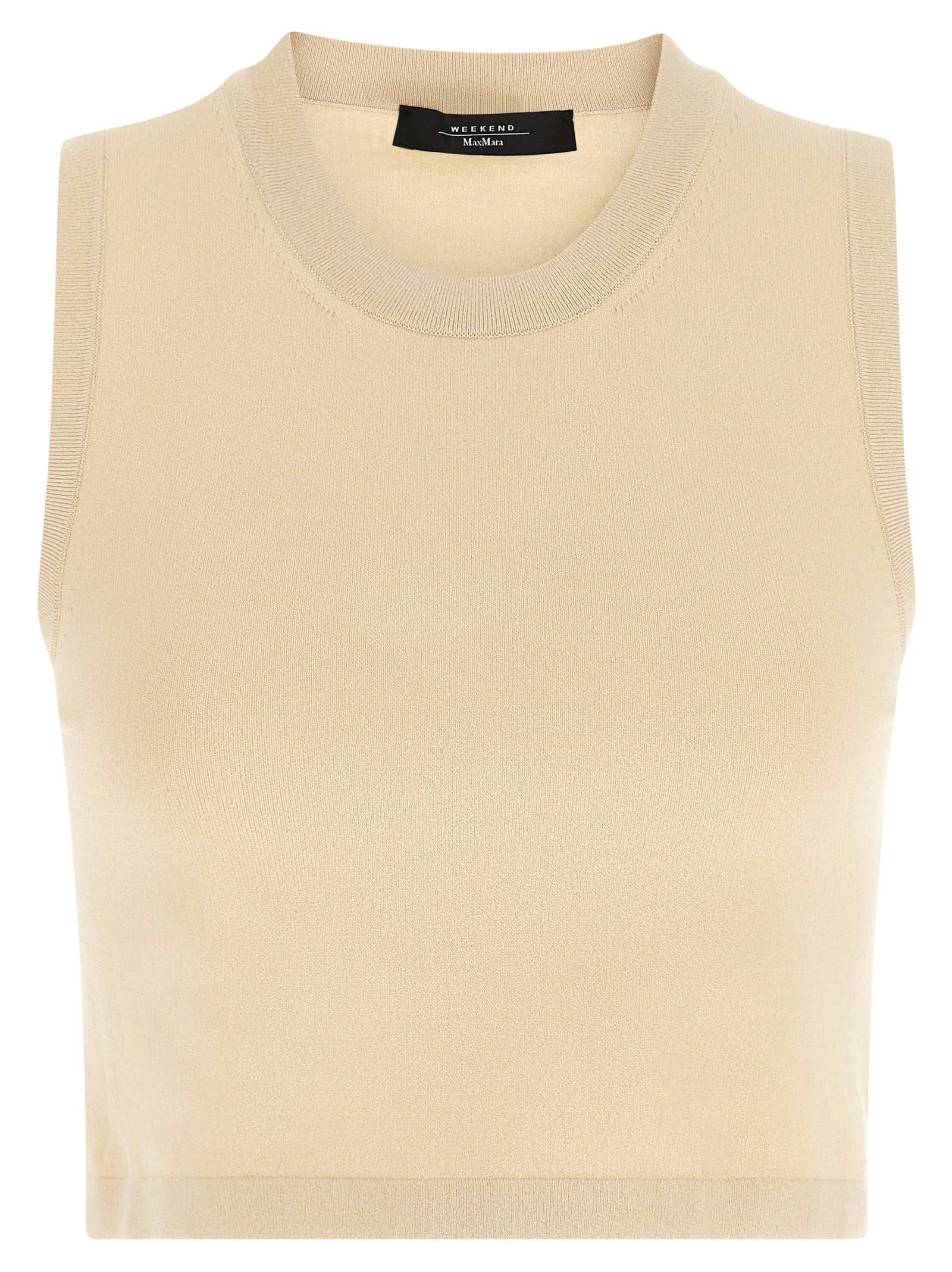 Elevate your wardrobe with the WEEKEND MAX MARA Beige Viscose Sleeveless T-Shirt, a luxurious blend of artisanal craftsmanship and timeless sophistication.
