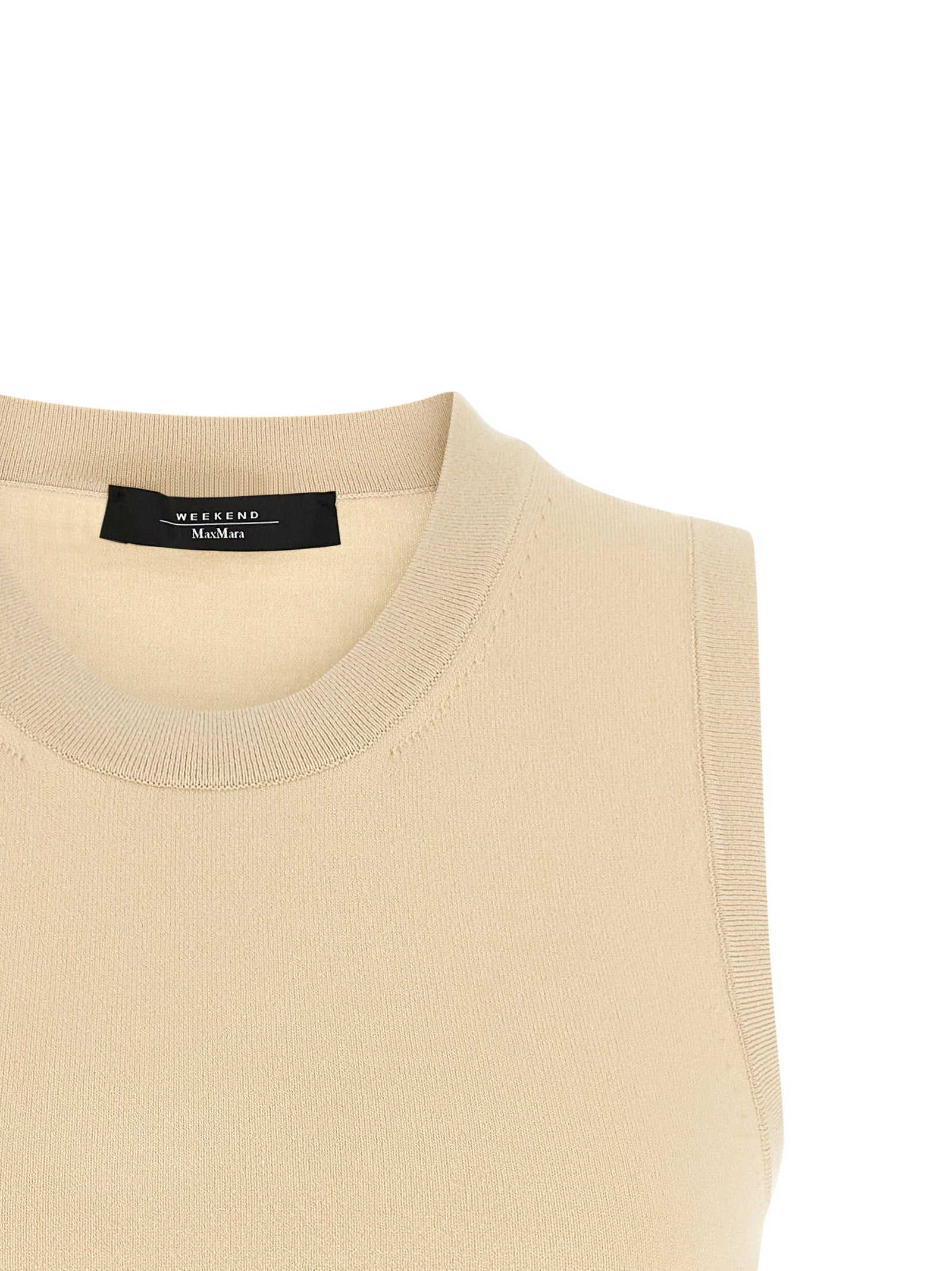 Elevate your wardrobe with the WEEKEND MAX MARA Beige Viscose Sleeveless T-Shirt, a luxurious blend of artisanal craftsmanship and timeless elegance, perfect for any occasion.