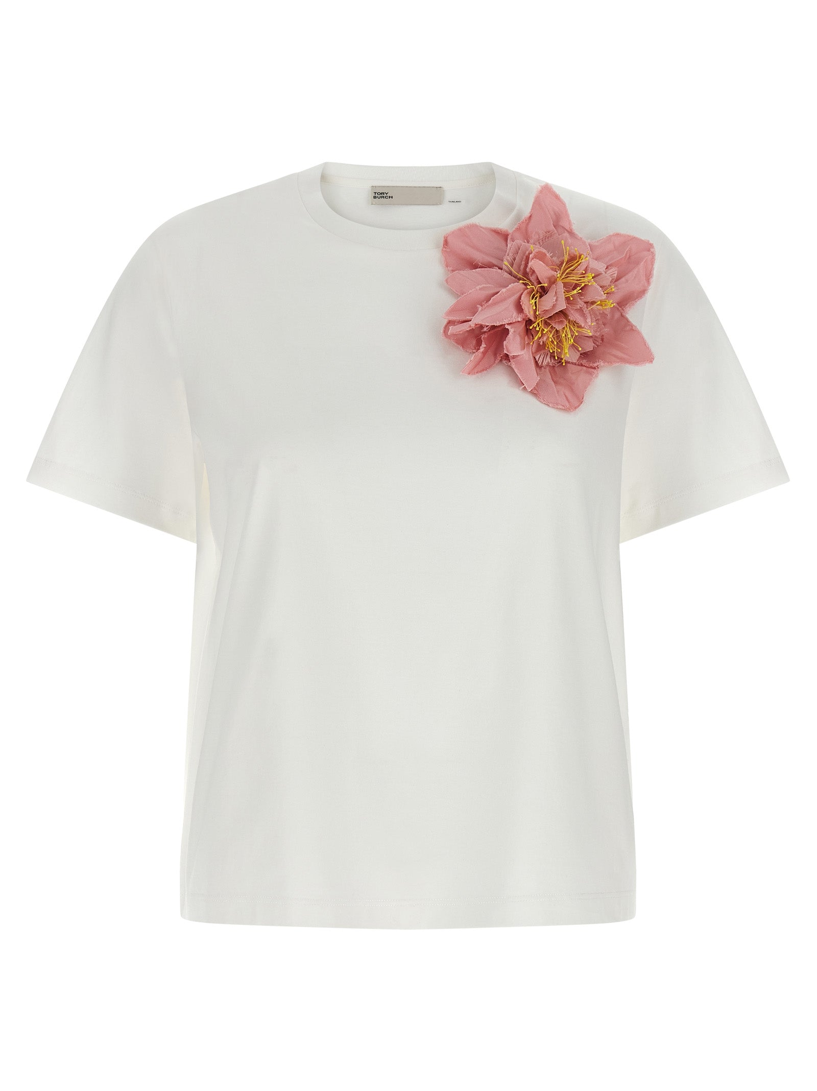 Indulge in the Tory Burch Floral Applique Cotton T-Shirt, where exquisite craftsmanship meets luxurious comfort, perfect for elevating your everyday elegance.
