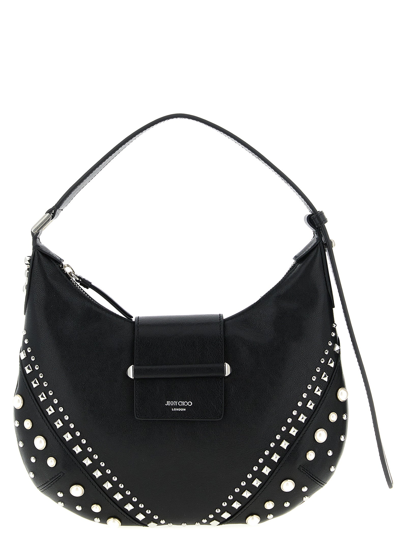 Discover the Jimmy Choo White Lamb Leather Shoulder Bag, an artisanal masterpiece blending biker lamb leather with exquisite embellishments, perfect for the discerning fashionista.