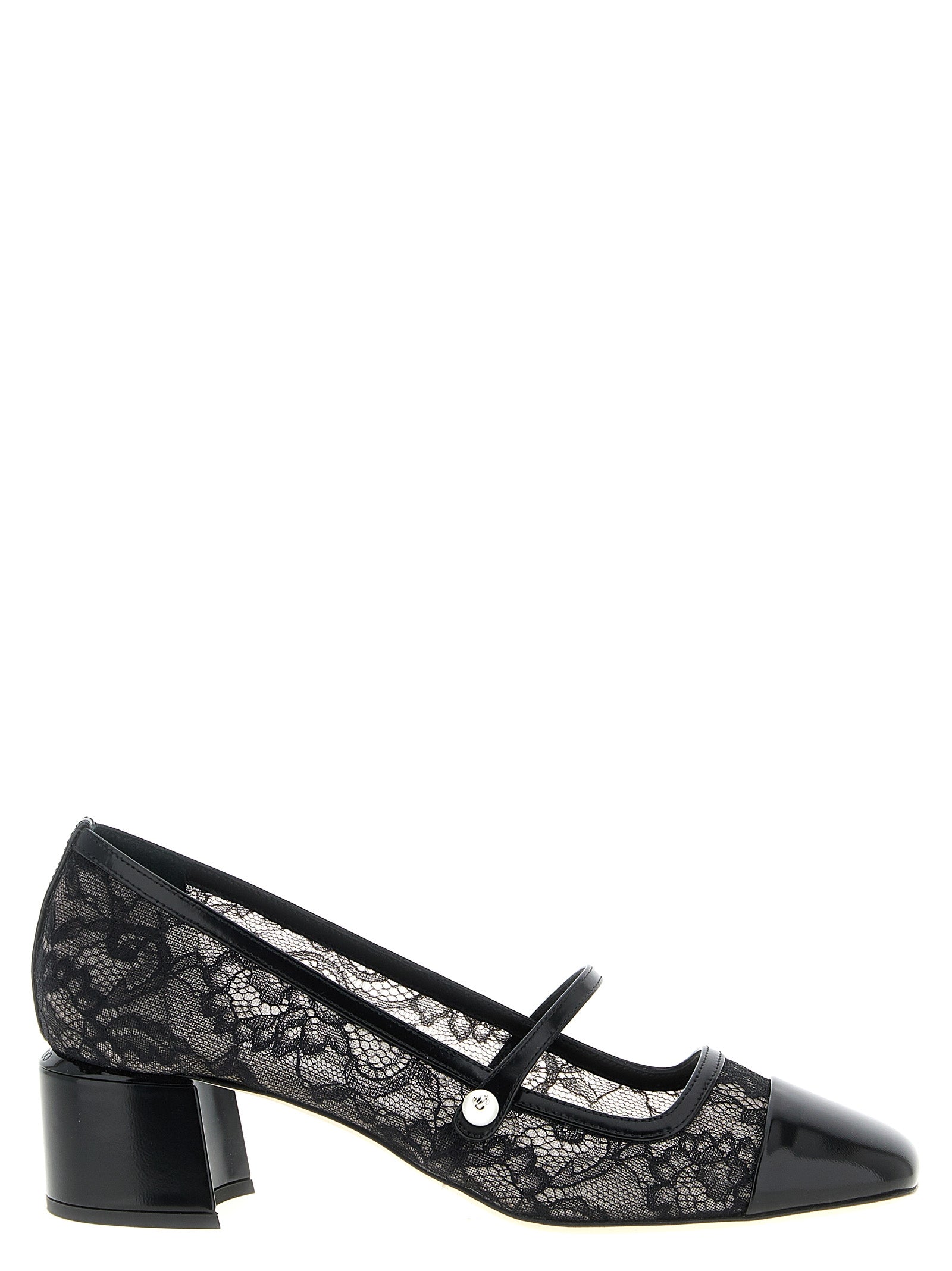 Step into elegance with Jimmy Choo's Black Tencel Mid Heel Pumps, where exquisite lace and patent leather redefine luxury, perfect for any sophisticated occasion.