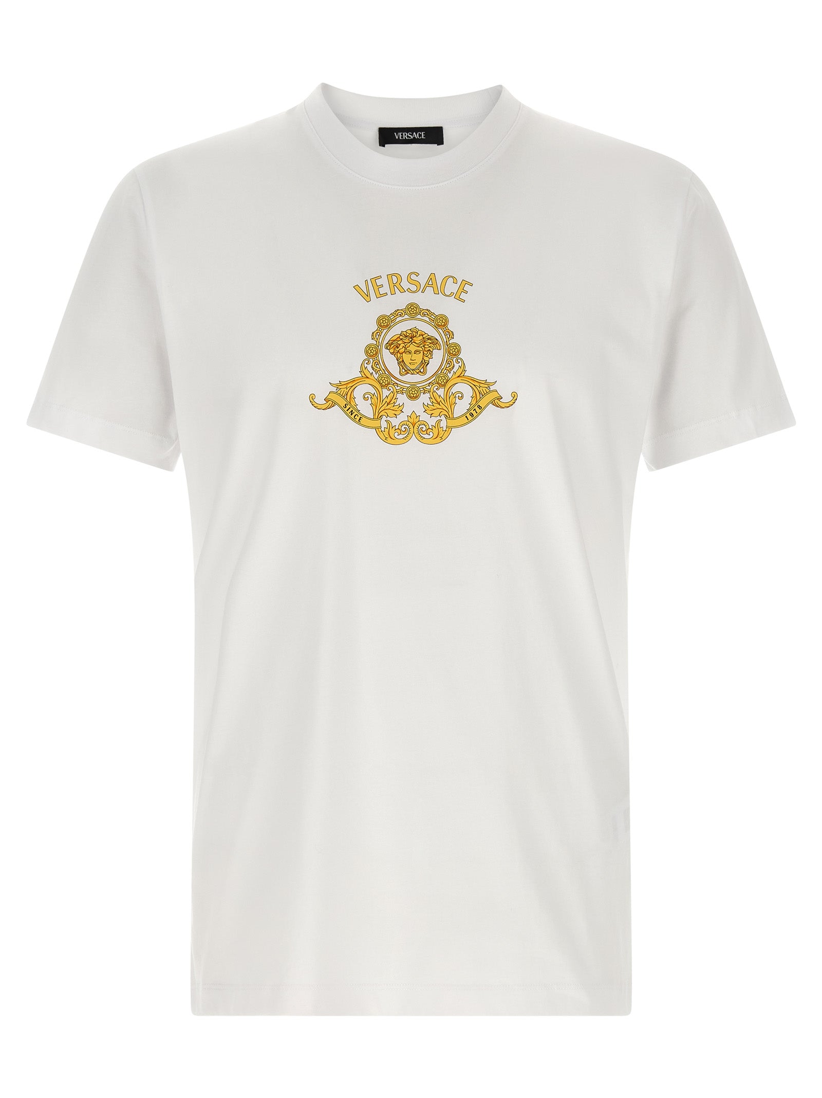 Elevate your wardrobe with the Versace Hall of Heroes Crest T-Shirt, a luxurious cotton essential that embodies sophistication and timeless style.