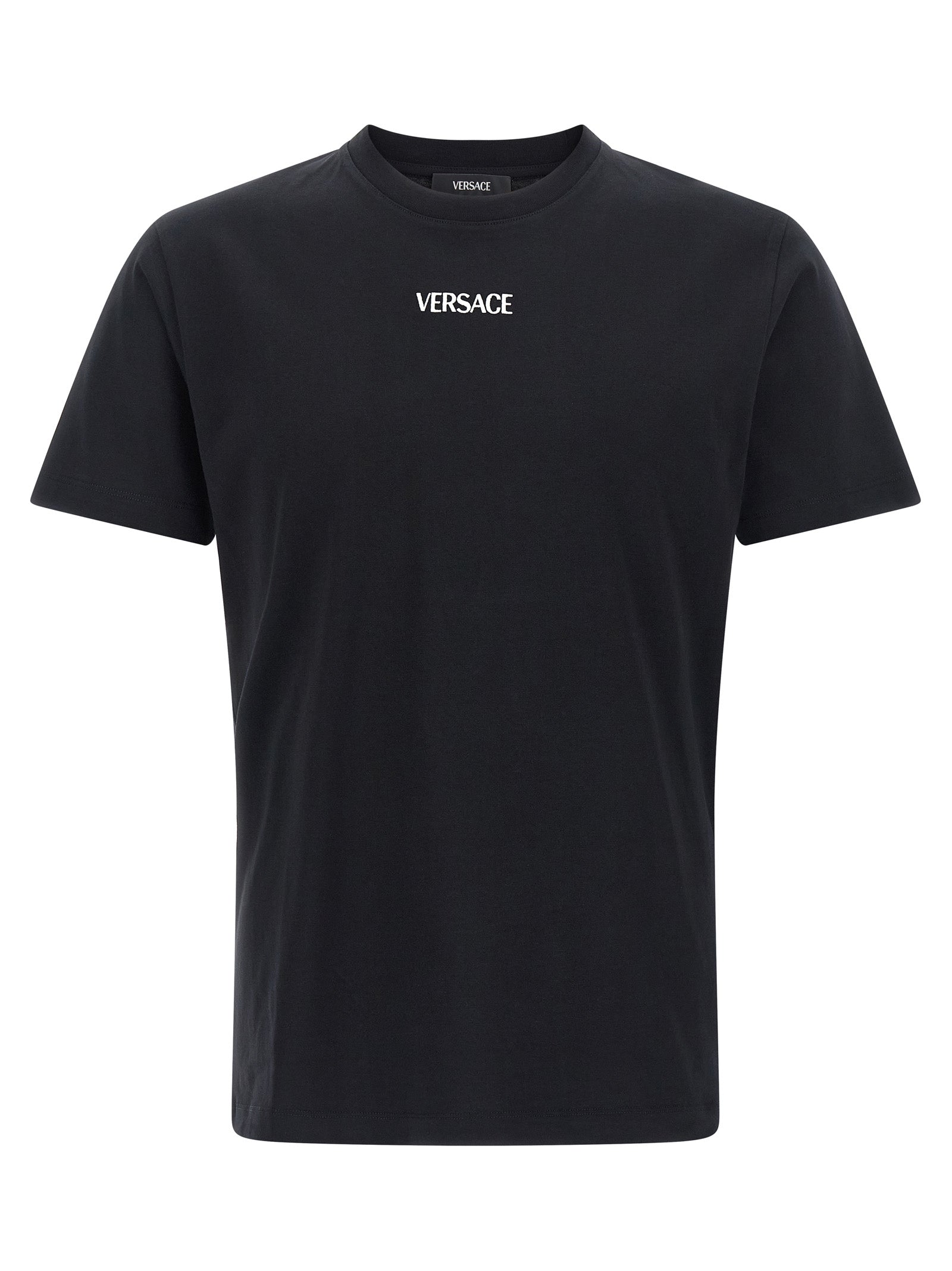 Elevate your wardrobe with the Versace Black Cotton T-Shirt, a luxurious essential crafted from 100% cotton jersey, embodying sophistication and timeless style.