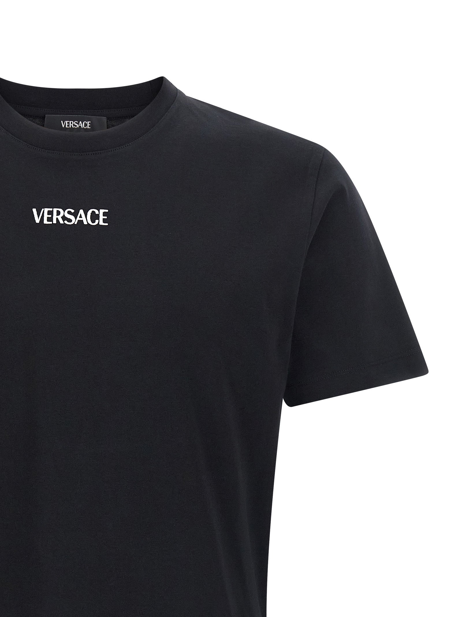 Elevate your style with the Versace Black Cotton T-Shirt, a luxurious essential crafted from 100% cotton jersey, embodying sophistication and timeless allure.