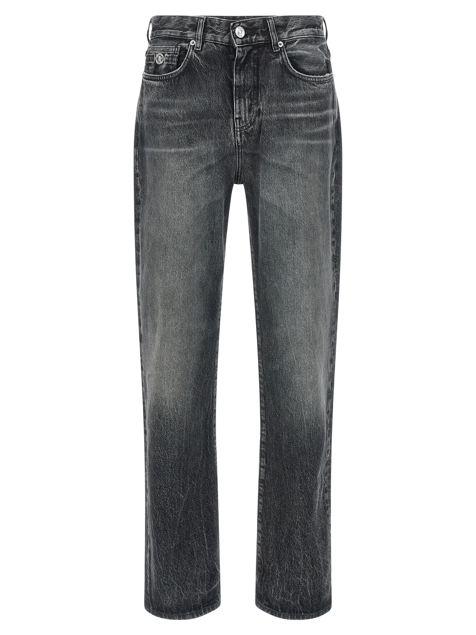 Discover the Versace Gray Cotton Straight-Leg Jeans, a masterpiece of artisanal luxury, crafted from stonewashed denim for timeless elegance and unparalleled style.
