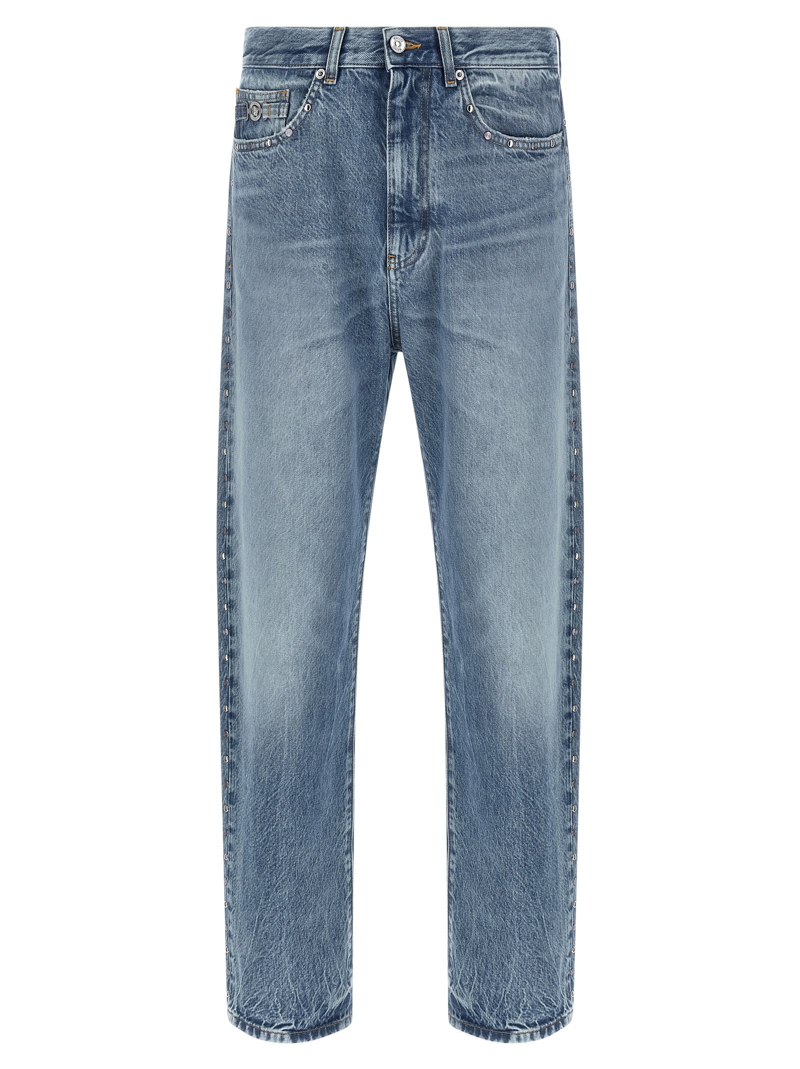 Discover the allure of Versace Blue Cotton Straight-Leg Jeans, where exquisite craftsmanship meets timeless elegance, perfect for the discerning individual seeking sophistication.