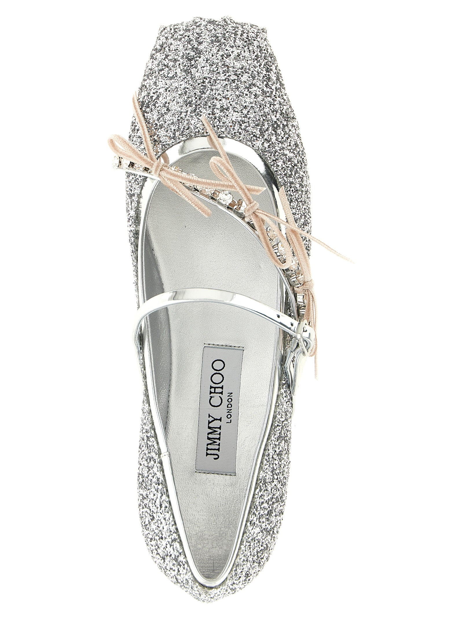 Experience the exquisite artistry of Jimmy Choo's Silver Tencel Ballet Flats, where glittering elegance meets luxurious comfort for the discerning individual.