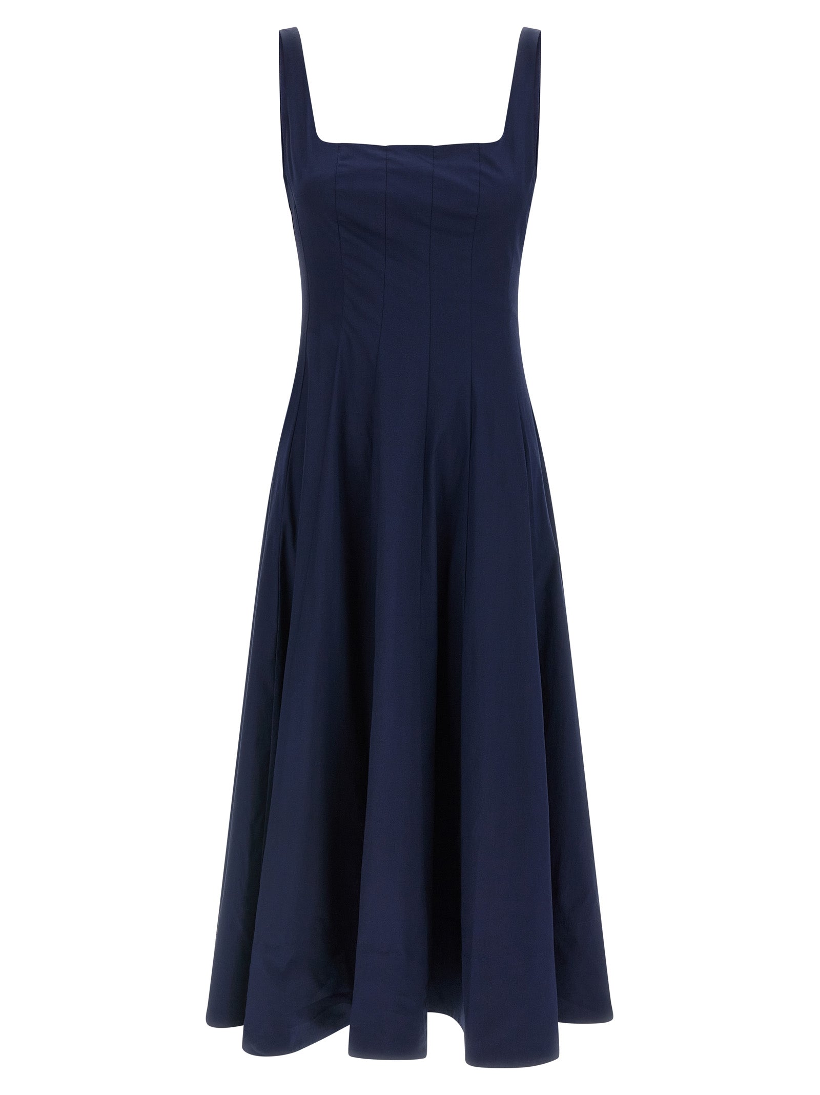 Elevate your elegance with the Staud Blue Cotton Midi Dress, a masterpiece of artisanal couture featuring a corset silhouette and luxurious cotton poplin for timeless sophistication.