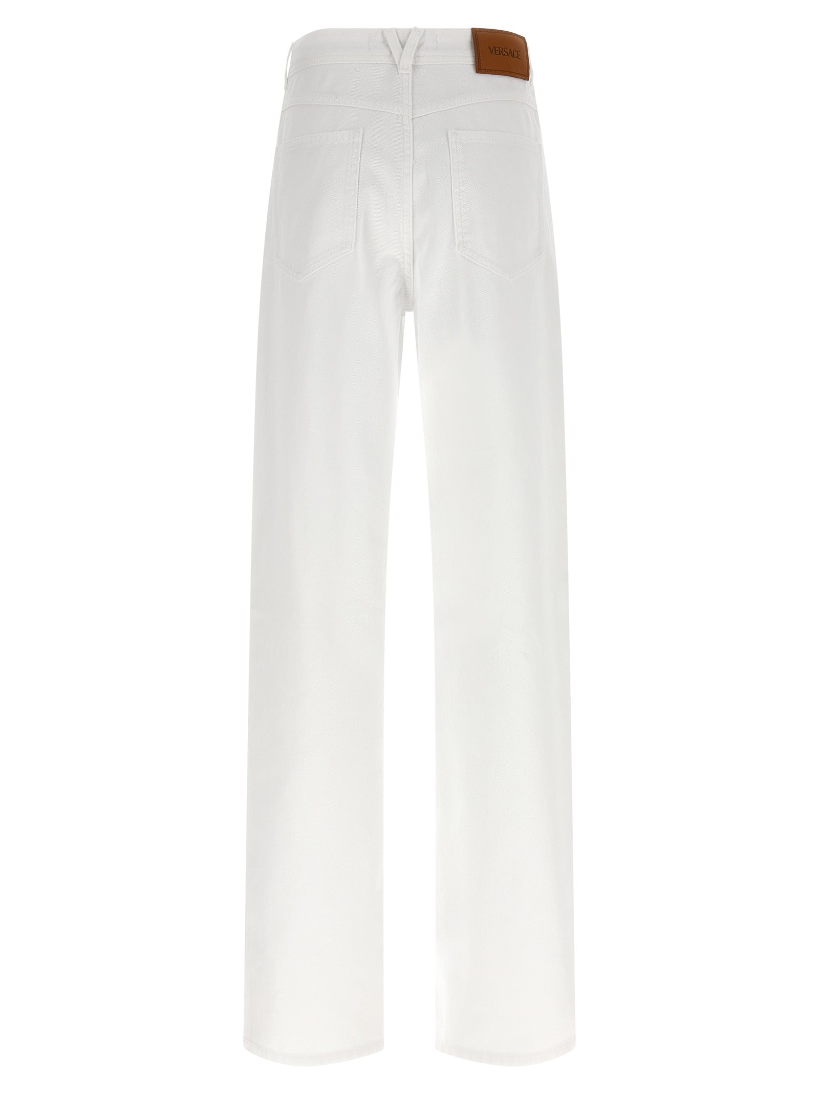 Elevate your style with Versace White Cotton Straight-Leg Jeans, a masterpiece of luxury and craftsmanship, perfect for those who embody sophistication and allure.