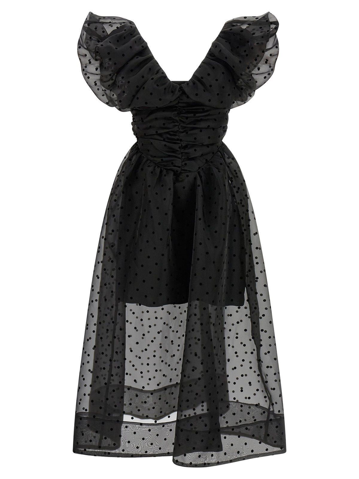 Ganni Black Organza Ruched Midi Dress - Timeless Elegance