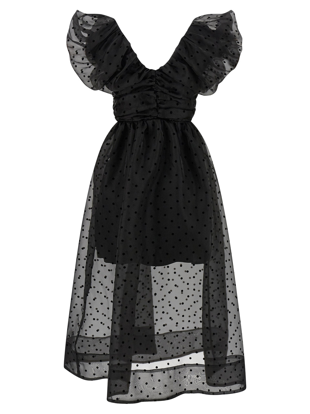 Ganni Black Organza Ruched Midi Dress - Effortless Elegance